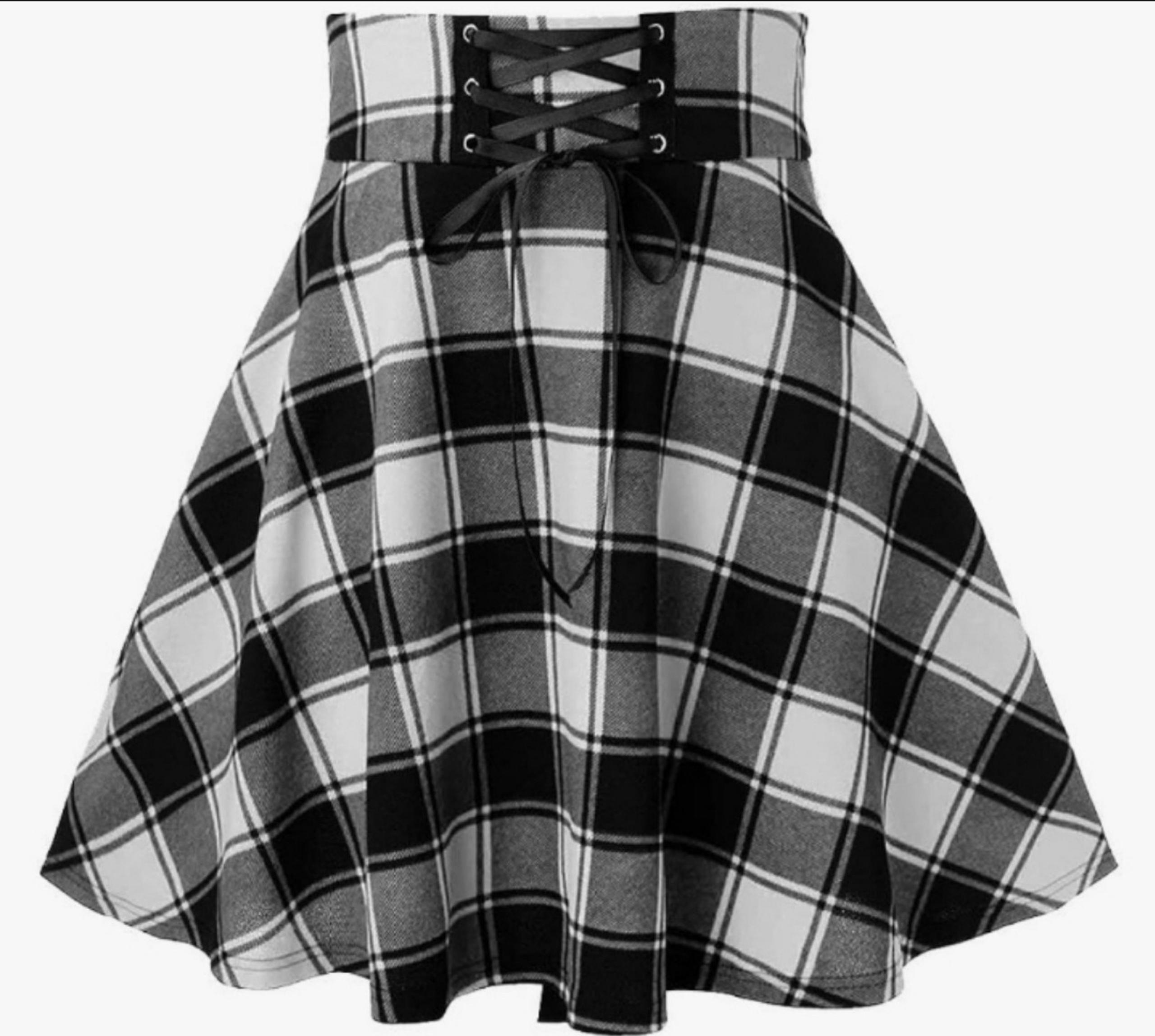 chouyatou Women's Versatile Lace Up High Waist A-Line Plaid Mini Skater Skirt