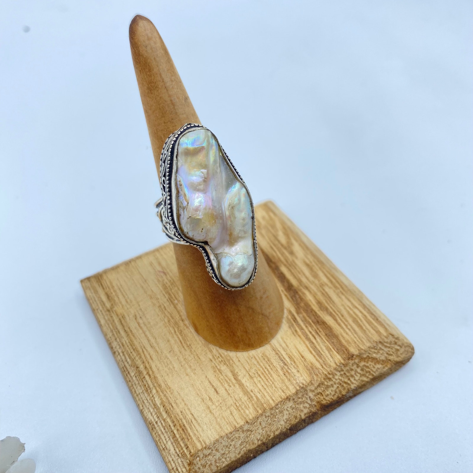 Vintage Bali Style Baroque Pearl Sterling Silver Ring Size 7