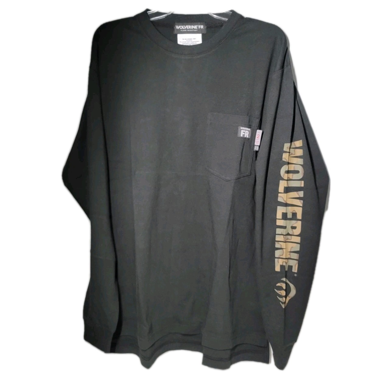 NWT Wolverine FR Flame Resistant Black Graphic Camouflage On Sleeve TShirt Men L