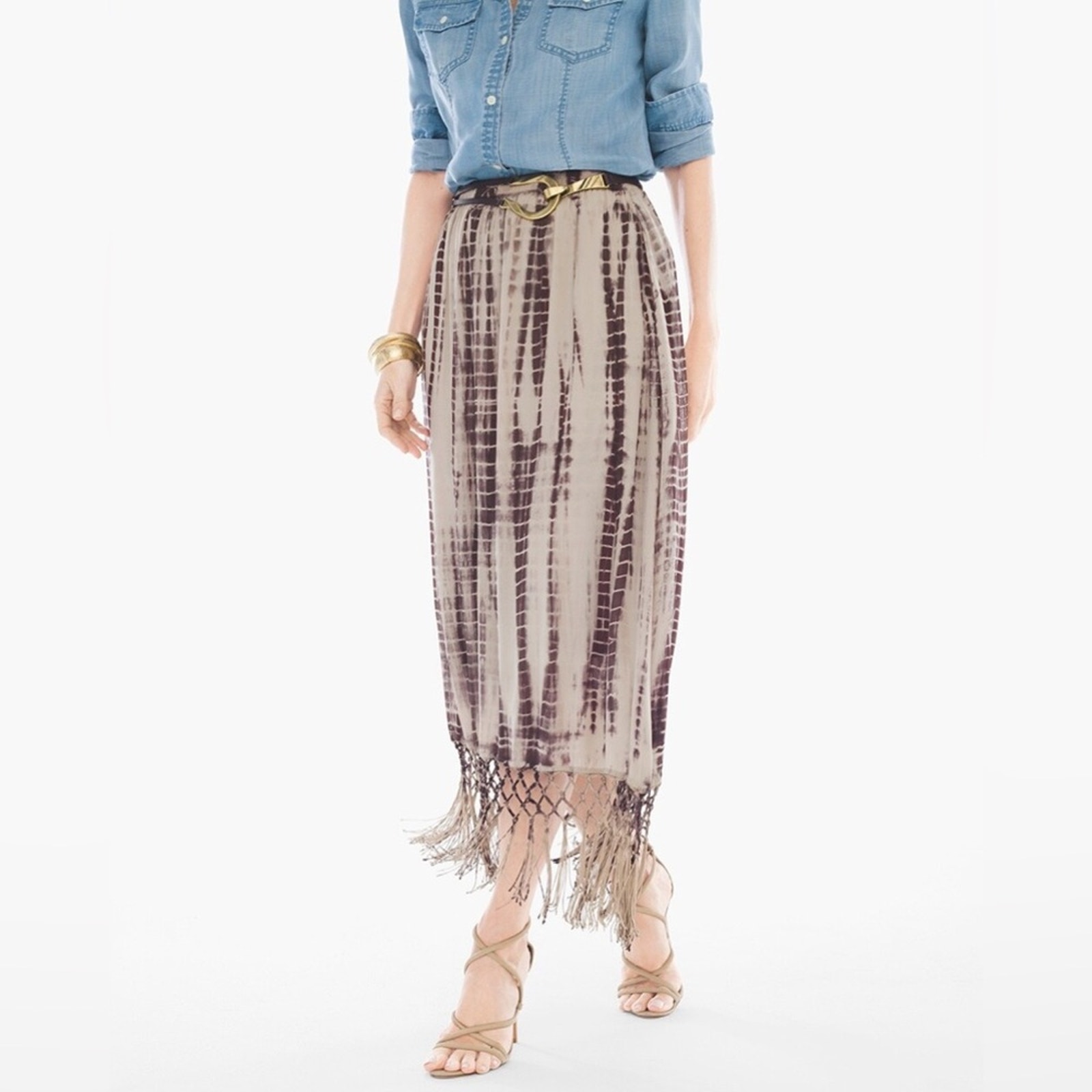 Chico’s Tie-Dye Fringe Maxi Skirt Bohemian
