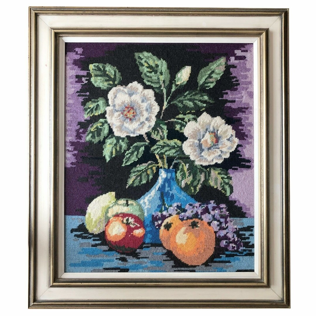 Vintage Modernist Needlepoint Still Life Floral in Frame Large 27 1/2 x 24