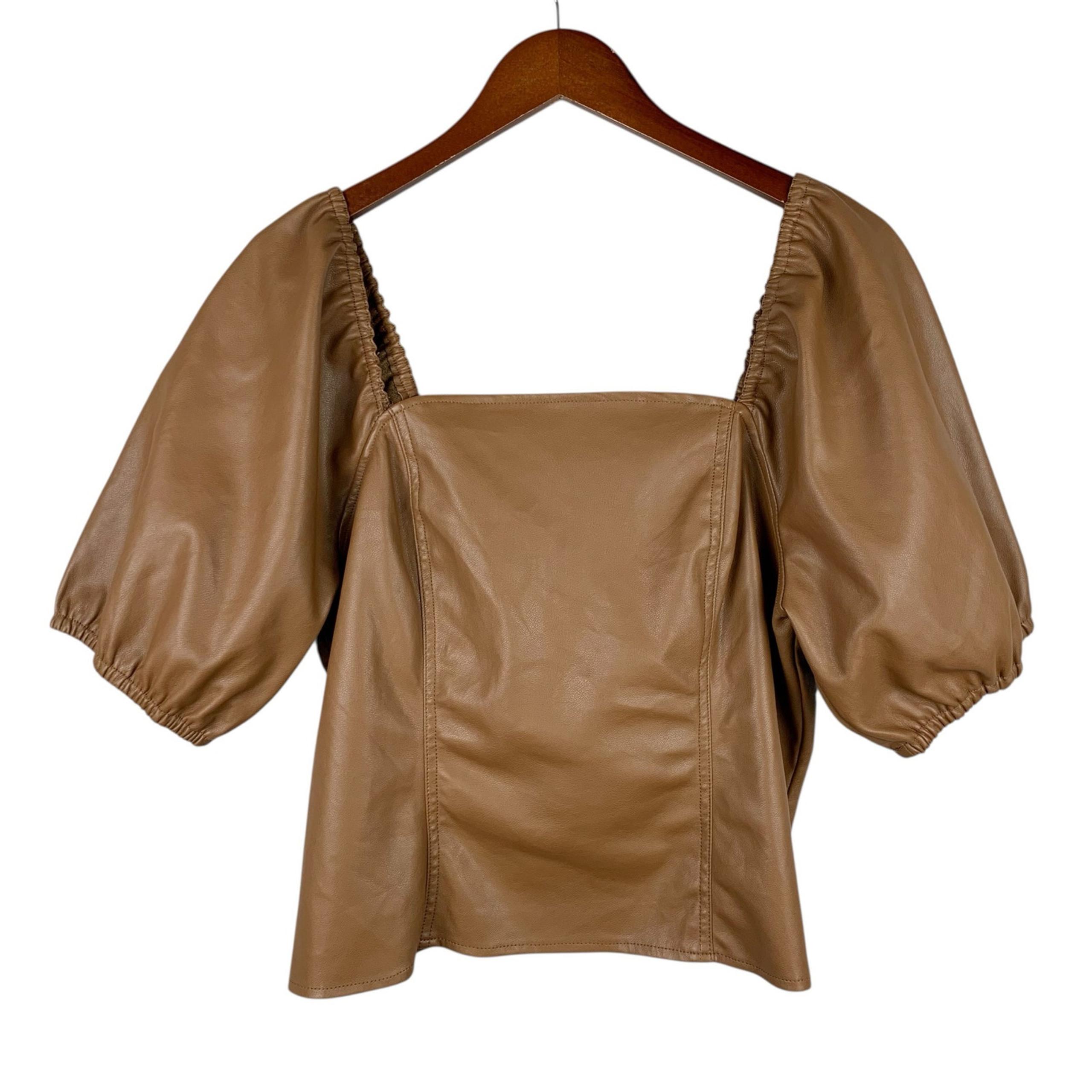 Andrew Marc New York Faux Leather Blouse Brown Puffy Sleeves Women's XL