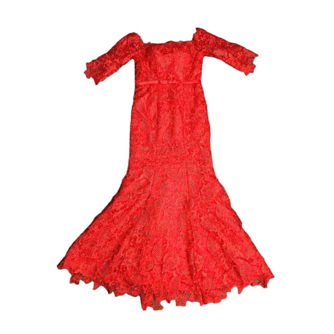 Red Lace Off The Shoulder Corset Back Fitted Mermaid Long Formal Gown Size 6
