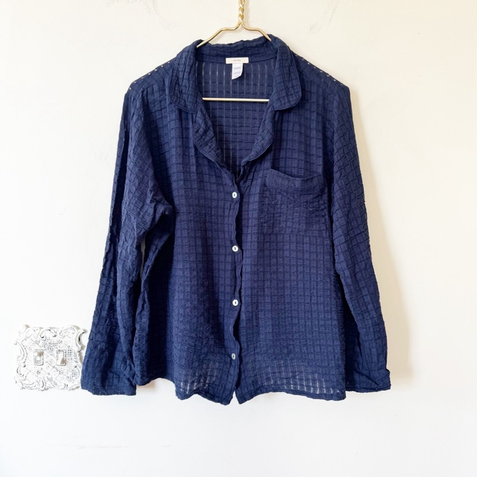 Eberjey Navy Textured Windowpane Cotton Pajama Lounge Summer Shirt Top M