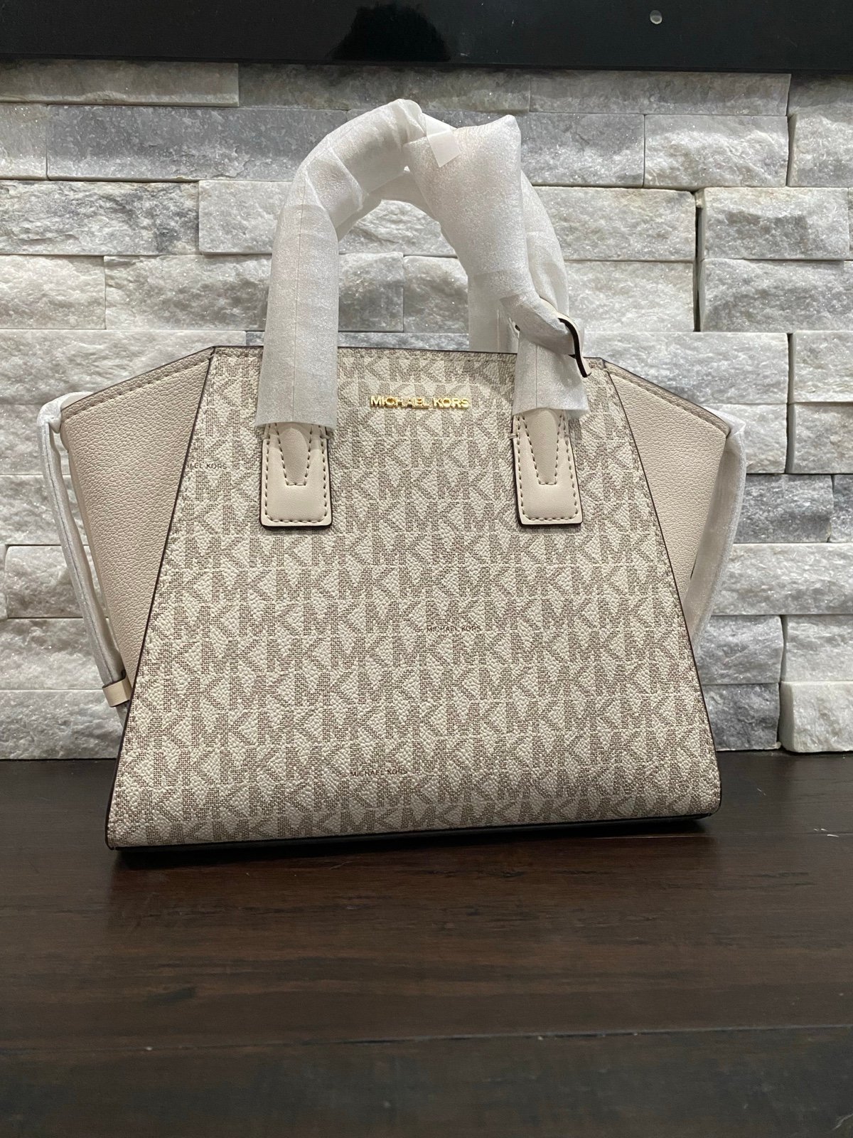 Michael Kors Avril Small Logo and Leather Satchel