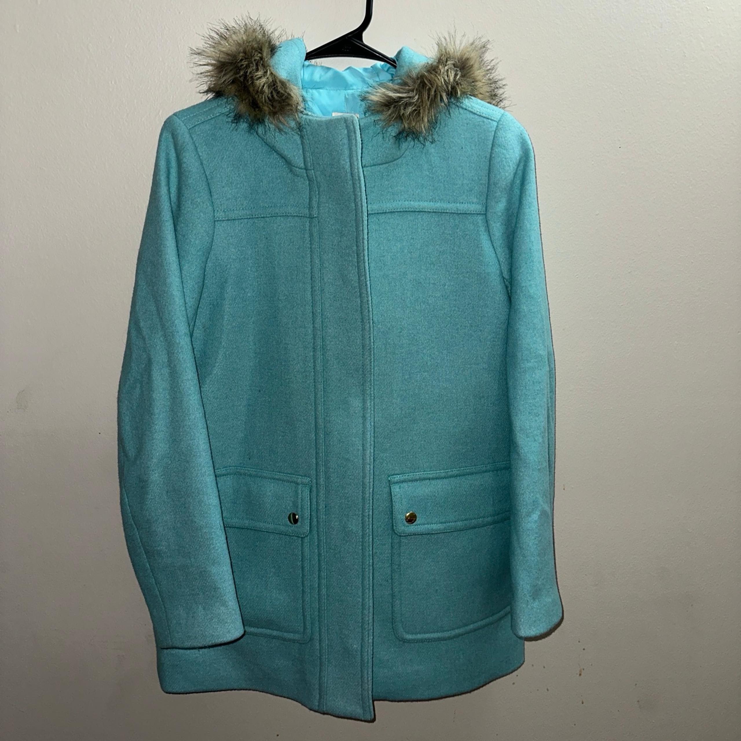 J Crew Parka Trench Coat women’s 2 blue fur hood full zip wool