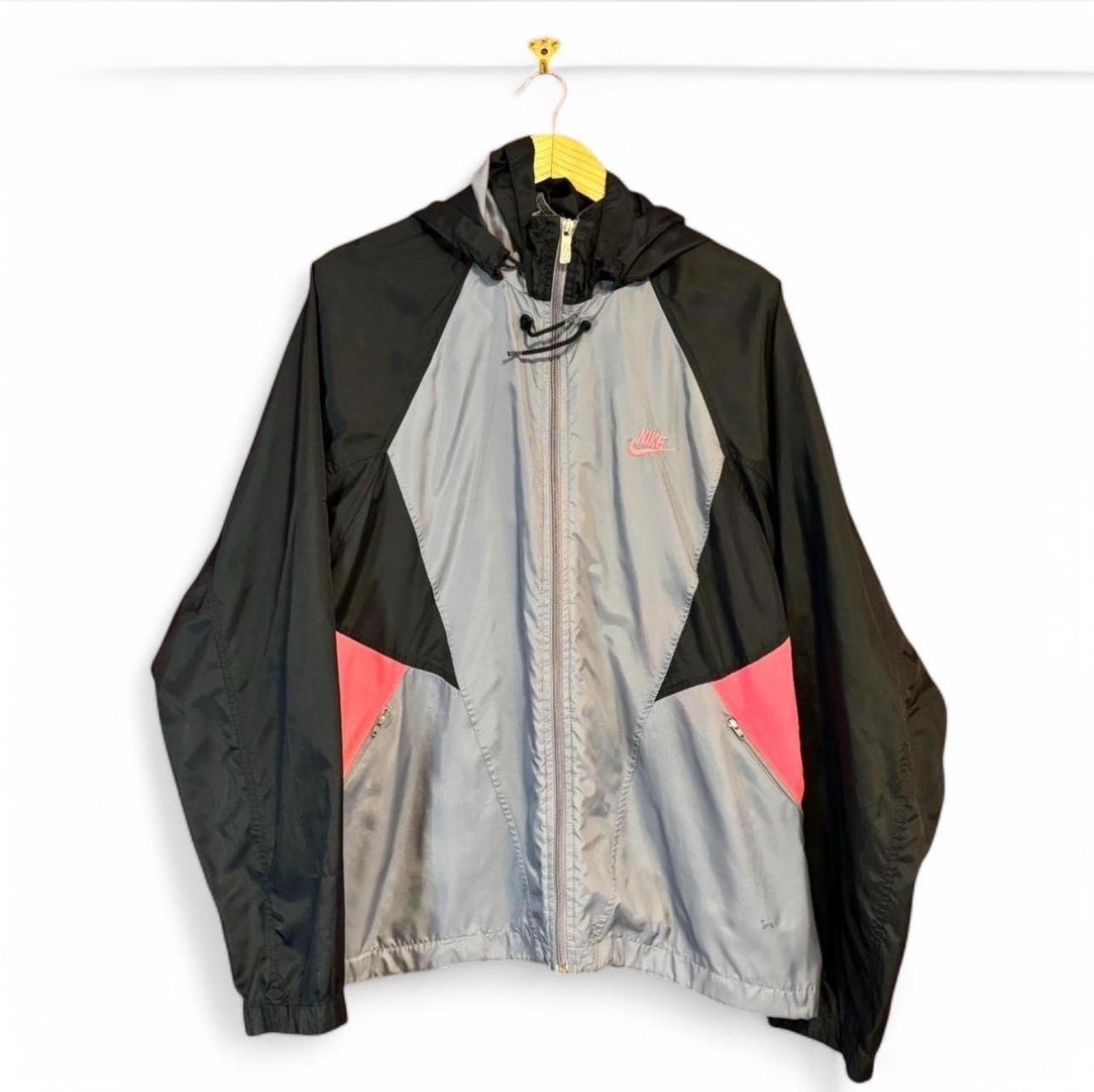 Vintage Nike Womens XL Color Block Wind Breaker Full Zip Packable Hood Pink Gray