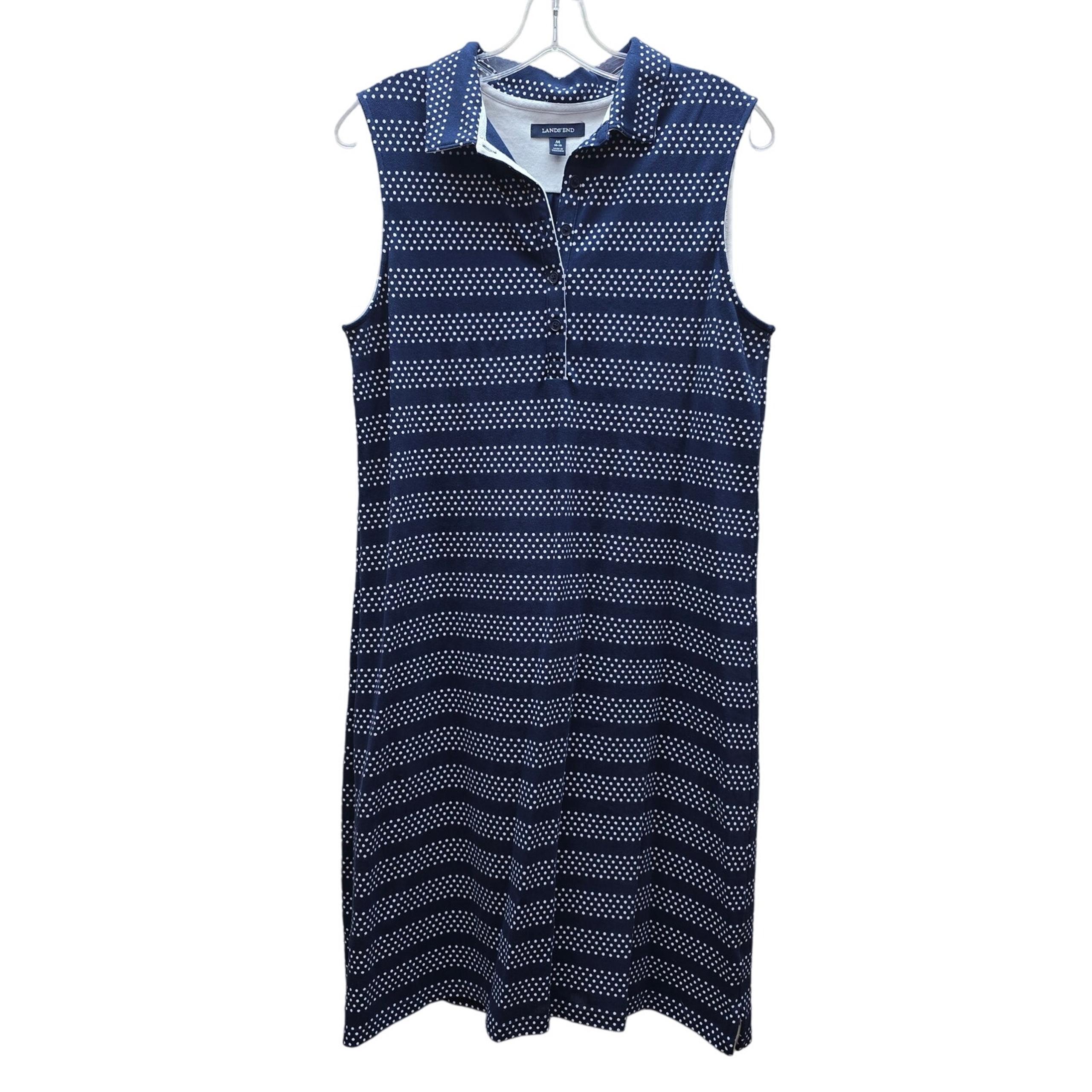Lands' End Dress Sleeveless Knee Length Polka Dot Blue Casual Size Medium