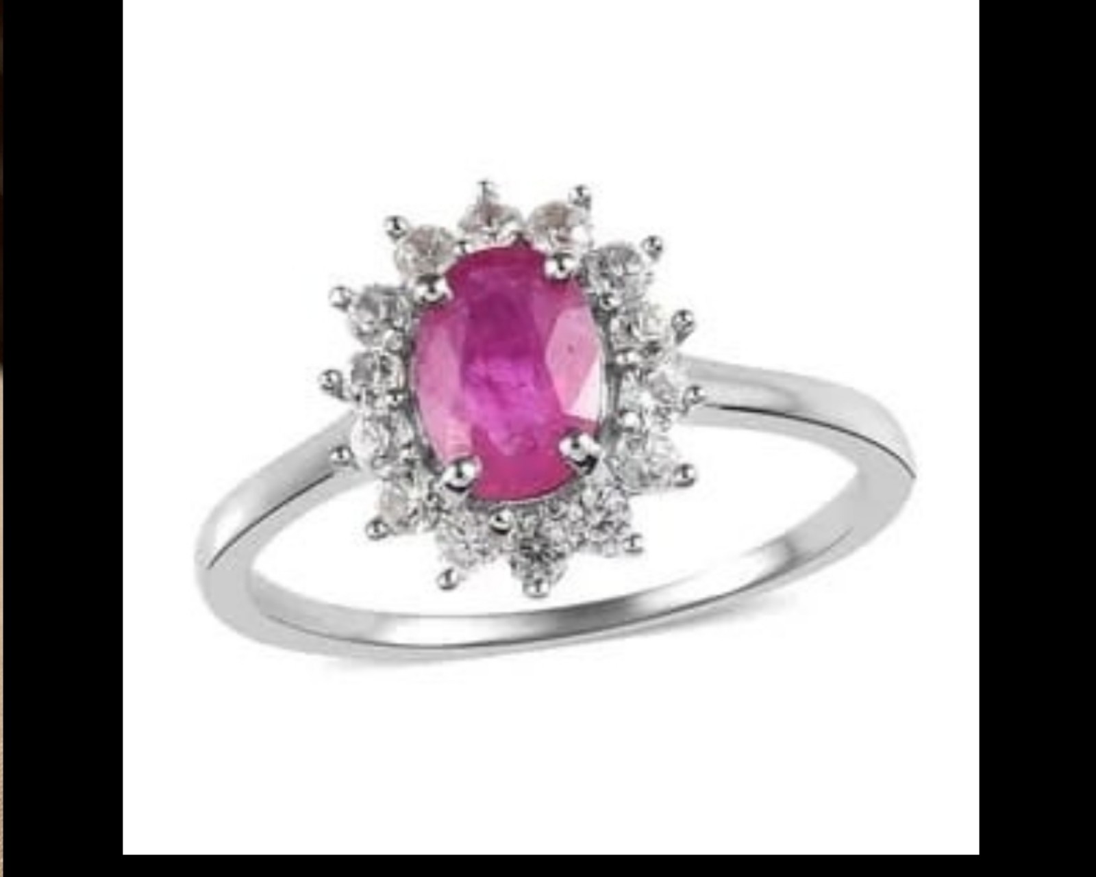 Stunning Montepuez Ruby & White Zircon Ring Platinum over 925 Sz 6!