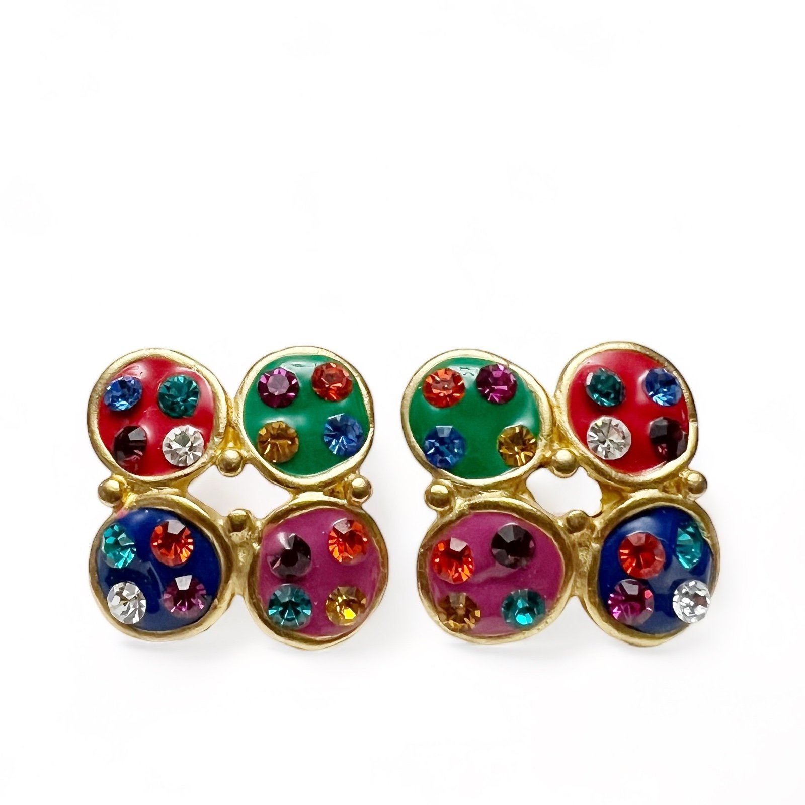 Vintage DON LIN Multicolor Enamel Crystal Matte Goldtone Round Square Earrings