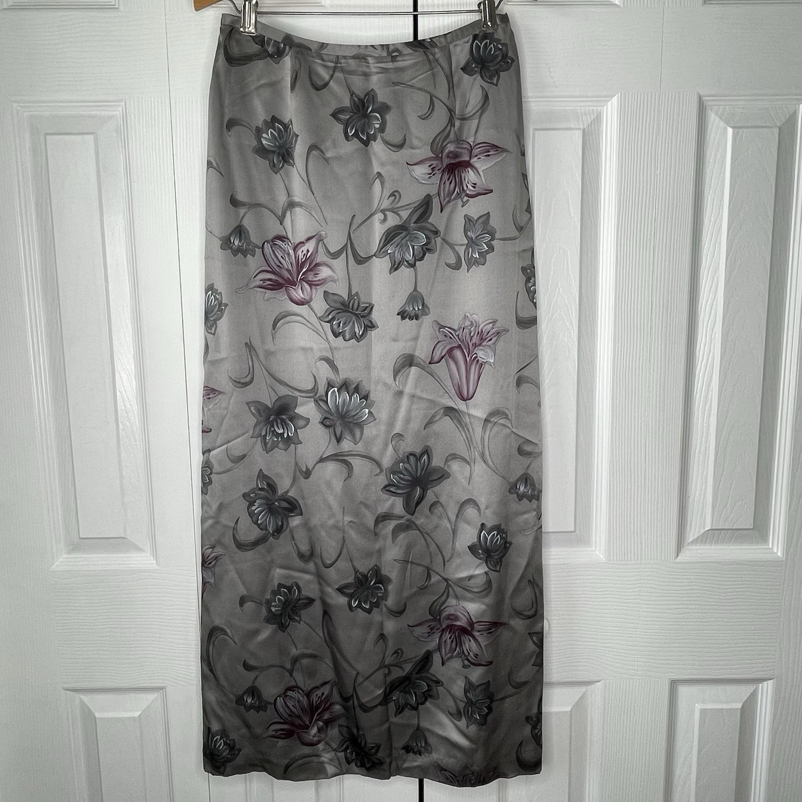 Harold's Long Silk Silver Floral Back Slit Maxi Skirt Fully Lined Womens 9 90's