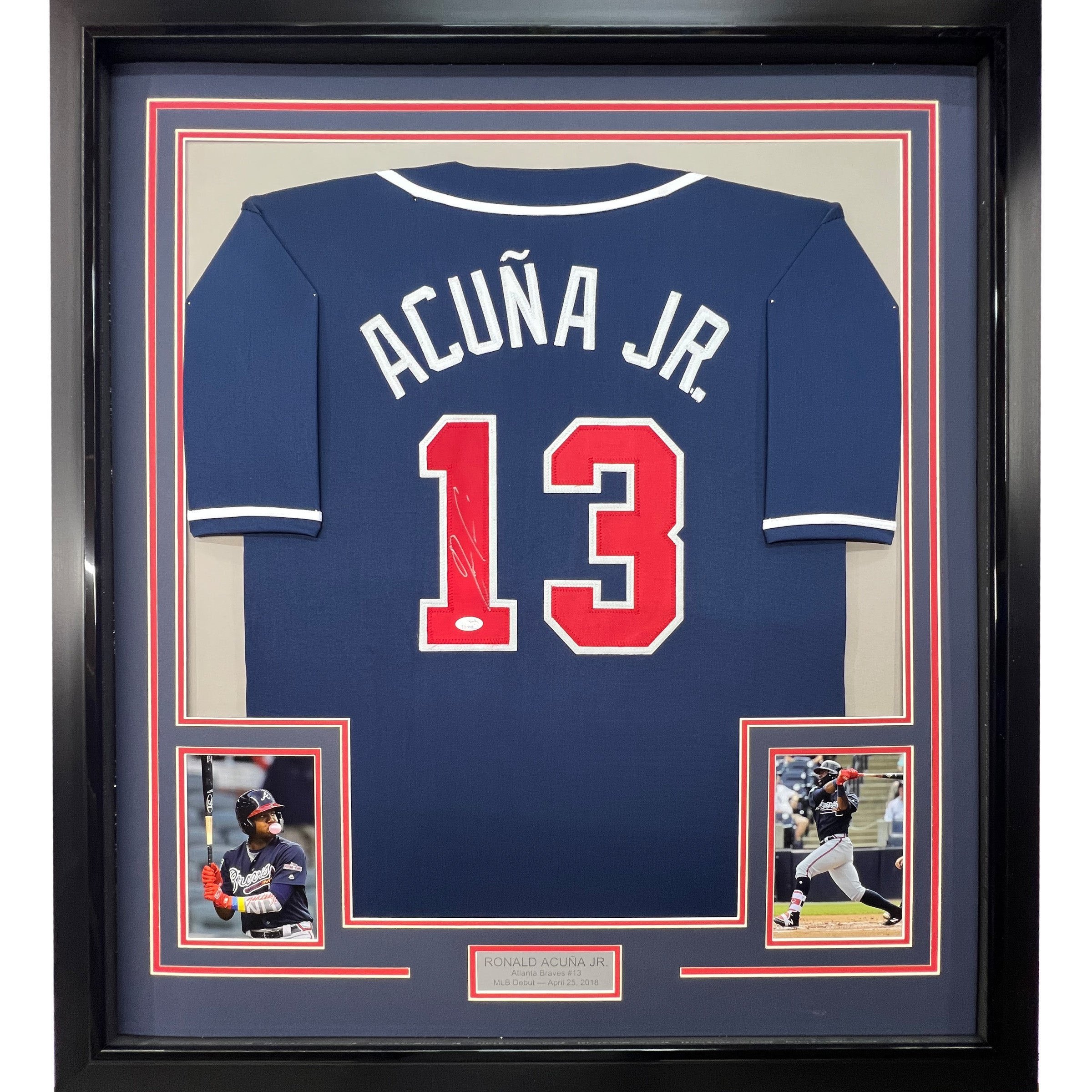 Framed Autographed/Signed Ronald Acuna Jr. 33x42 Atlanta Blue Jersey JSA COA