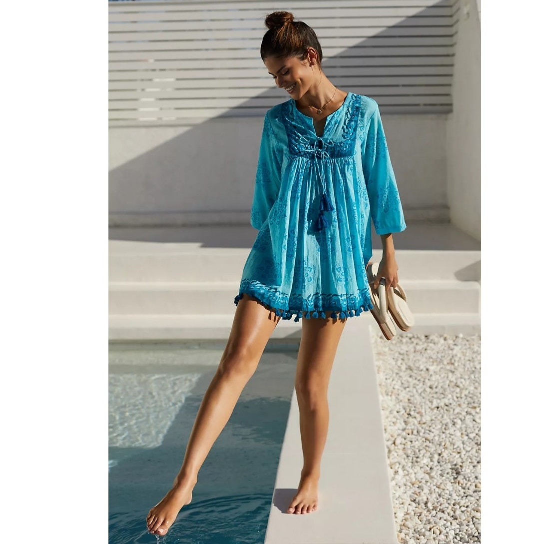 New Anthropologie Ro's Garden Seychelles Tunic Dress 165 X-SMALL Blue