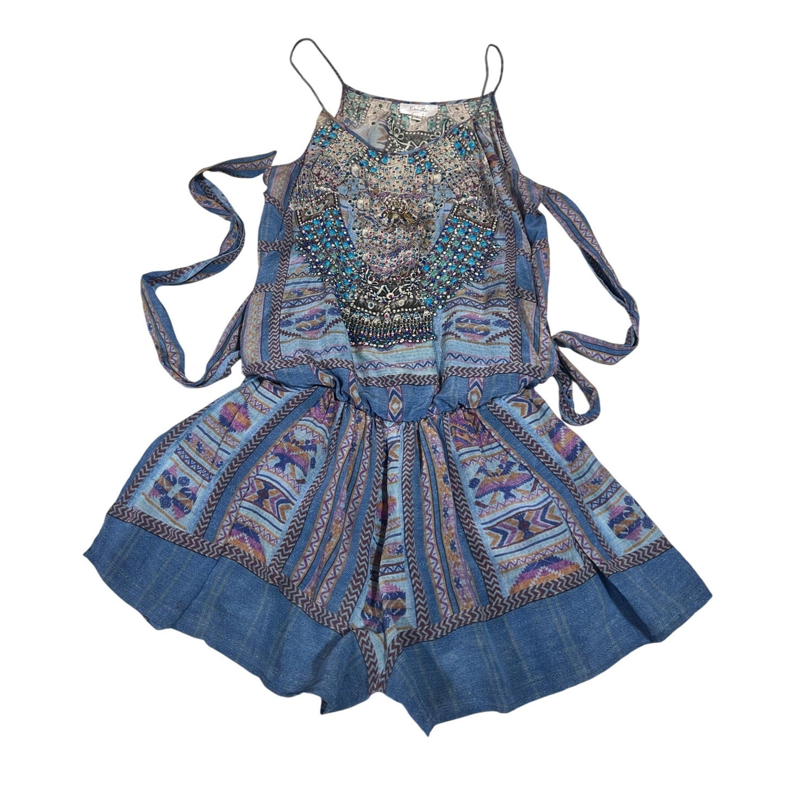 Camilla 100% Silk Stitch Of The Condor Beaded Short Romper 2 Coquette Festival