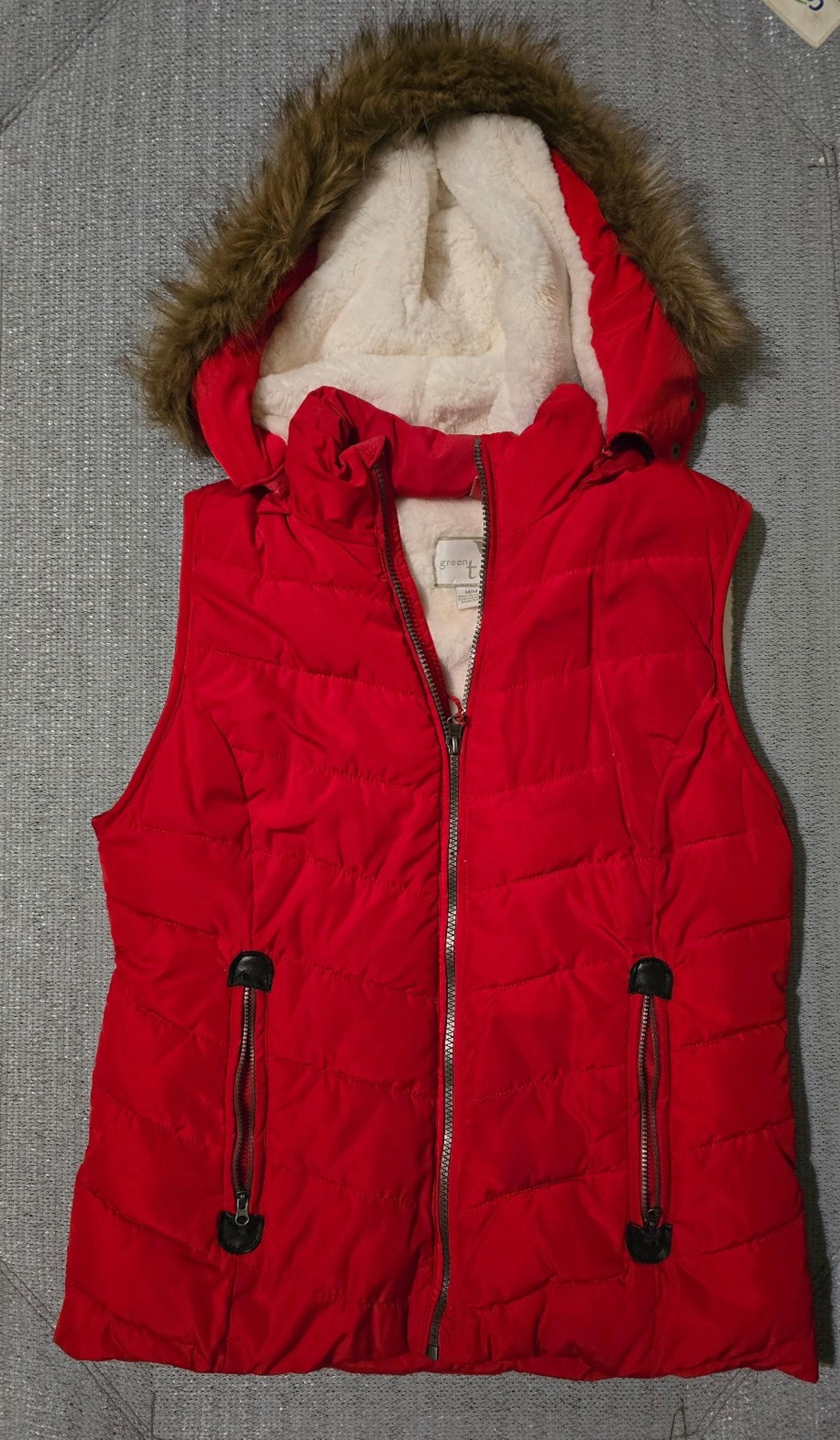 GREEN TEA FLEECE LINED FAUX FUR HOODED RED VEST WOMENS SZ M