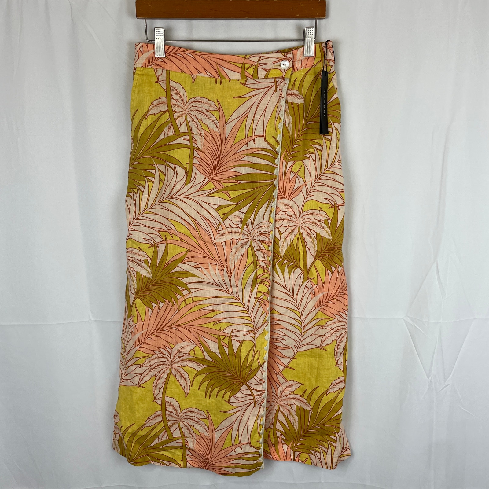 Tahari Women's 100% Linen Tropical Yellow/Pink Faux Wrap Skirt Elastic Waist S