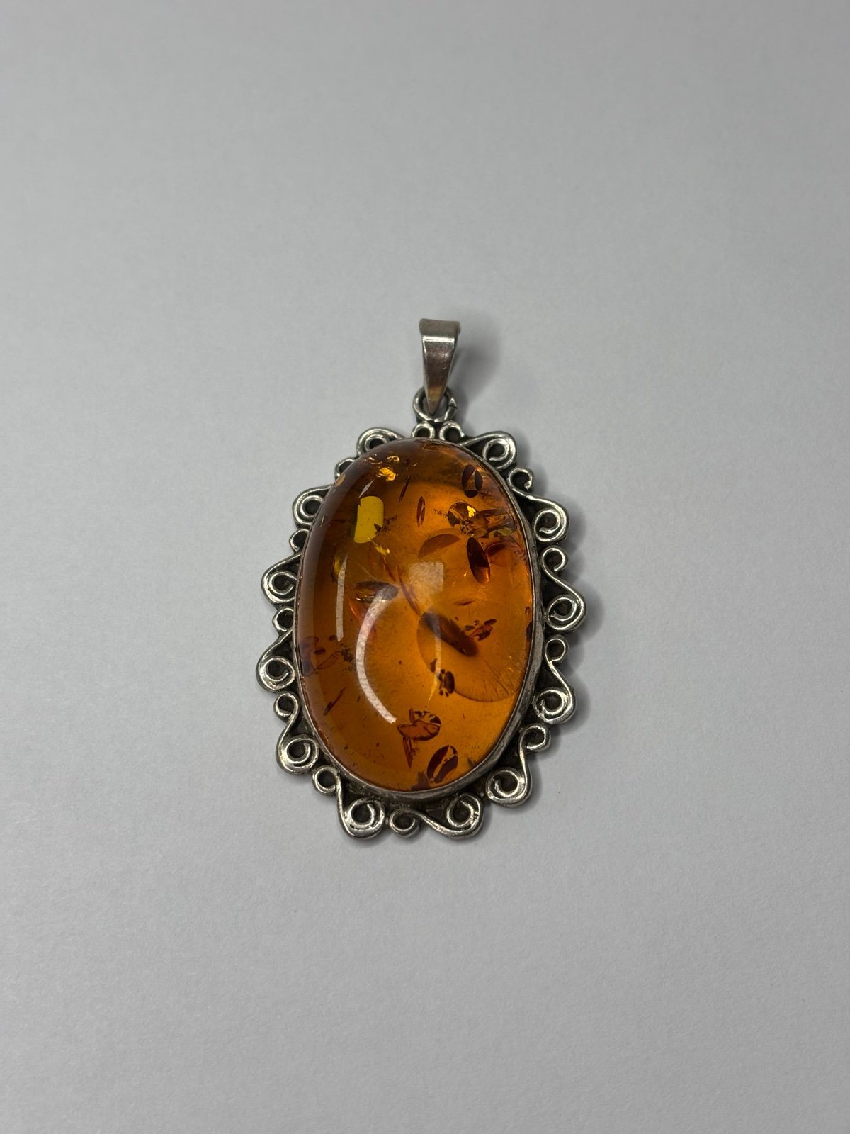 Vintage Sterling Silver Large Oval Shape Amber Pendant