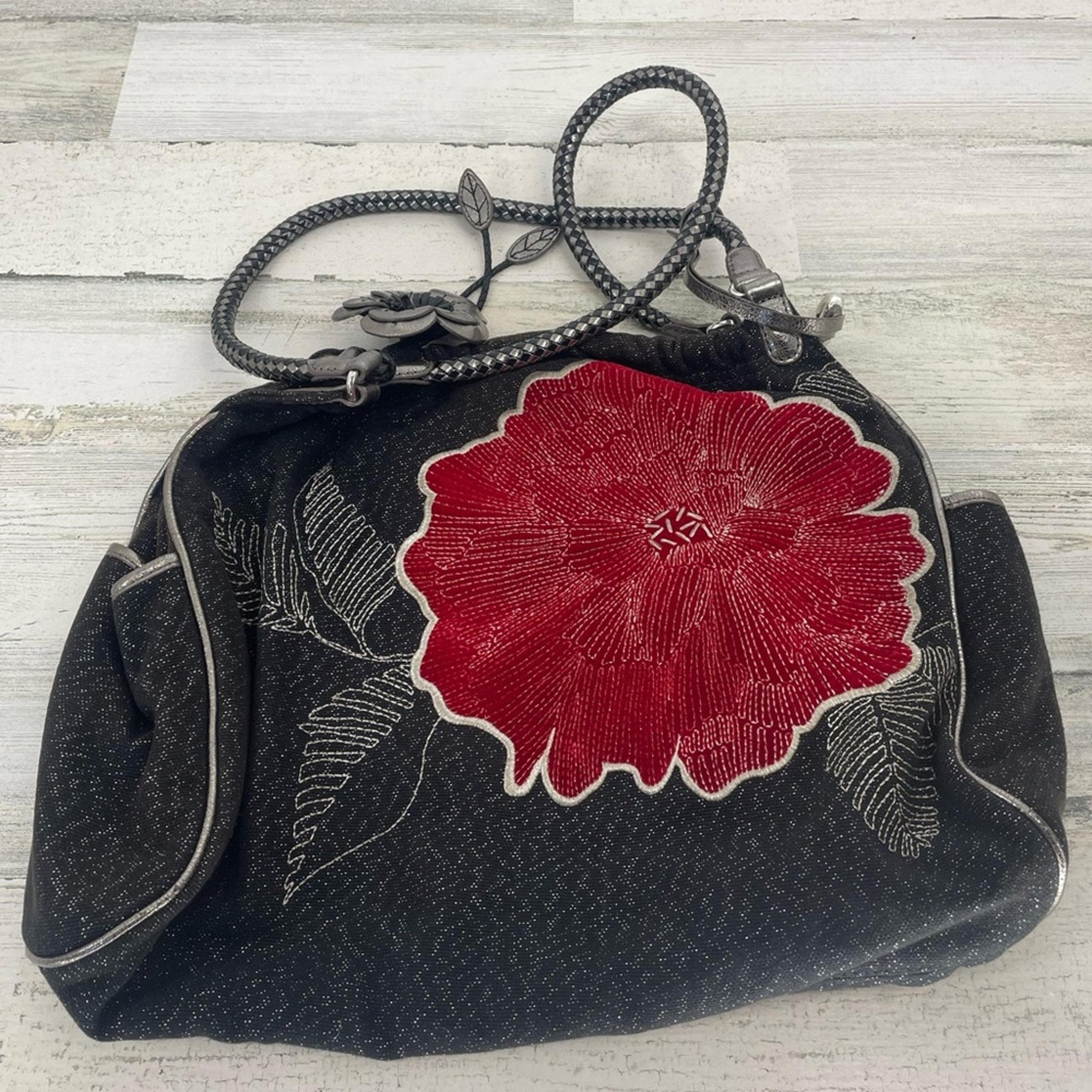 BRIGHTON LYNDEN RED FLOWER GLITTER  GLAM Nylon & Leather Handbag