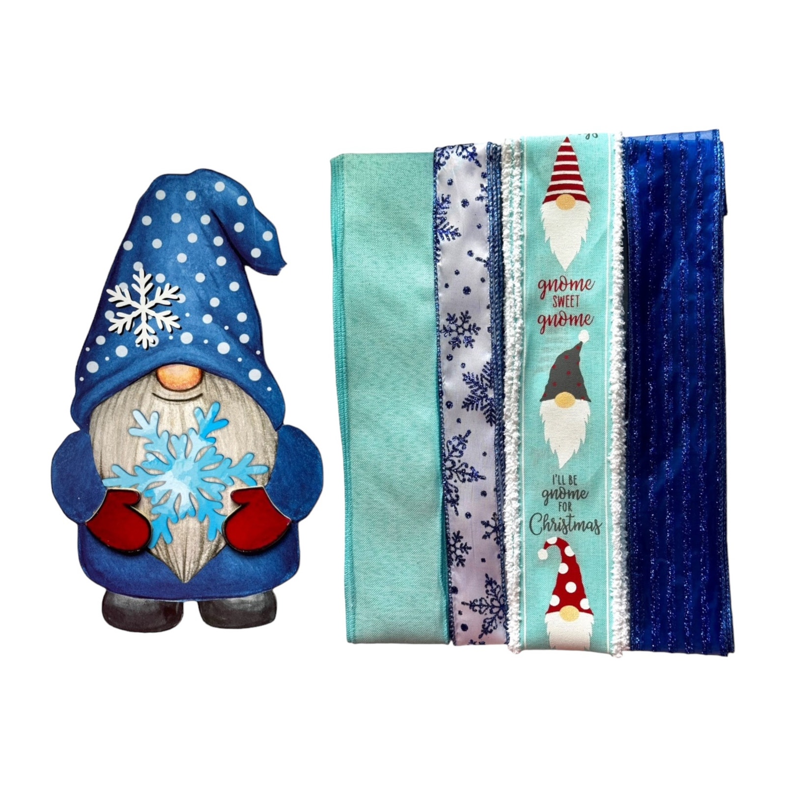 Winter Gnome Christmas Wreath Kit - Gnome Sign Blue Snowflake Wired Ribbons Set