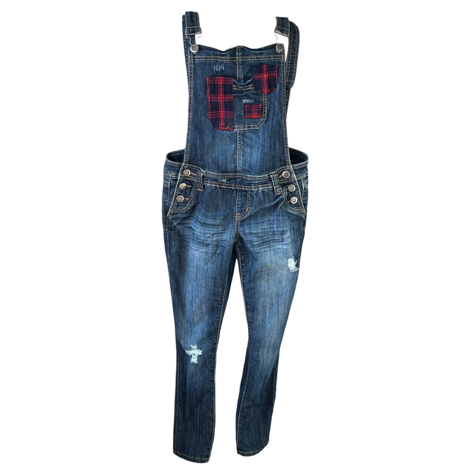 VTG y2k Rue 21 dark blue denim jean overalls flannel patches women waist 30”