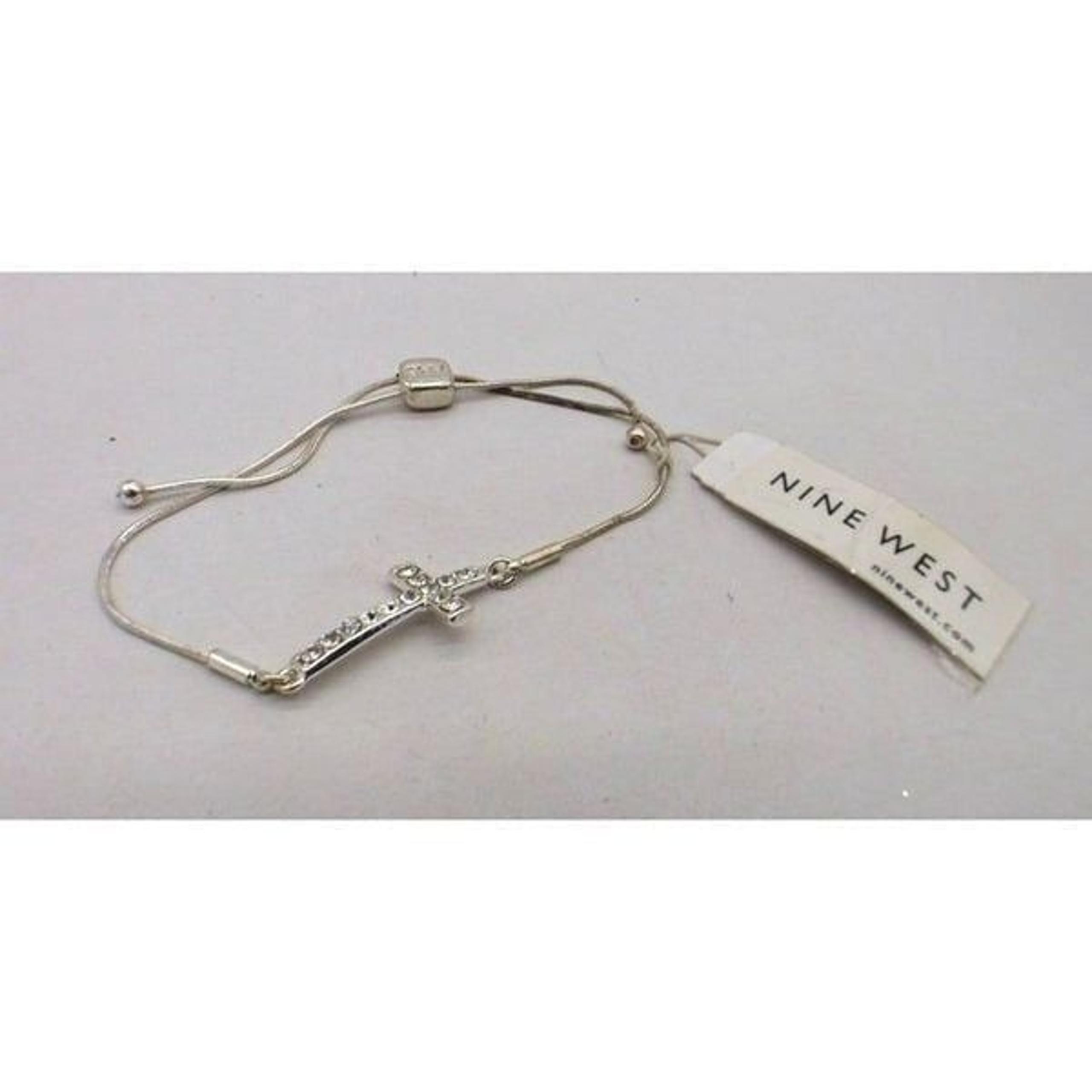 Nine West Silver and Crytal Sideways Cross Bolo Bracelet