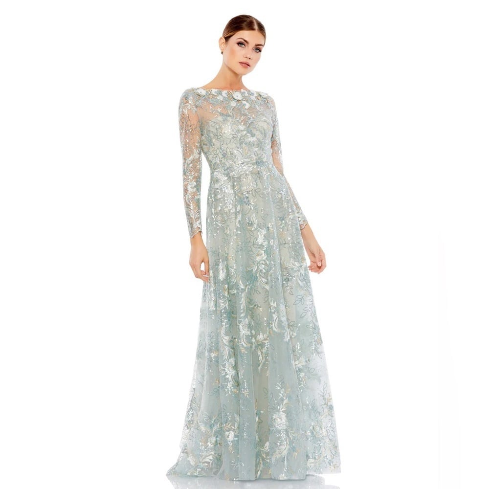 Size Mac Duggal 67498 NWOT FLORAL EMBROIDERED ILLUSION LONG SLEEVE GOWN