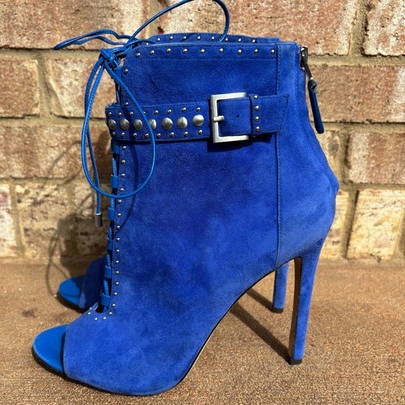 Brian Atwood Cobalt Blue Suede Leather Stiletto Peep Toe Lace Up Boots Size 10