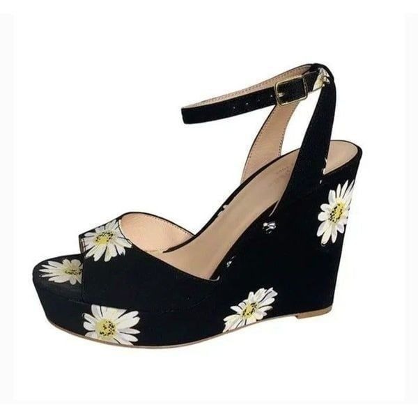 Kate Spade Dellie Black Canvas Floral Print Wedge Size 10M