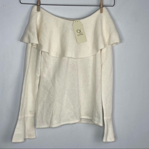 NWT Qi Cashmere Size Medium Off the Shoulder Ruffle Cream Sweater