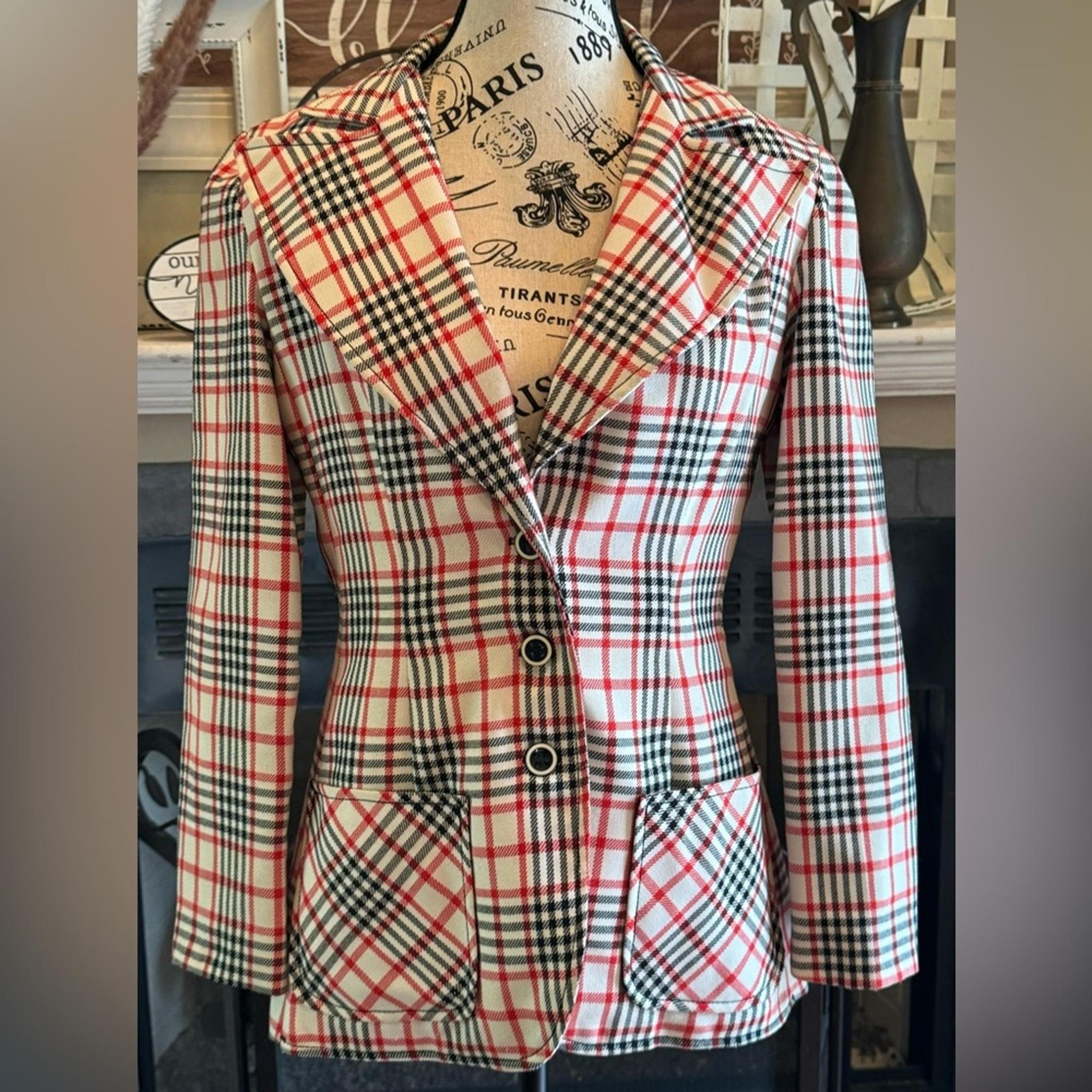 Vintage Directions Red Black Plaid Blazer Tailored Fit Women’s Small XS Work