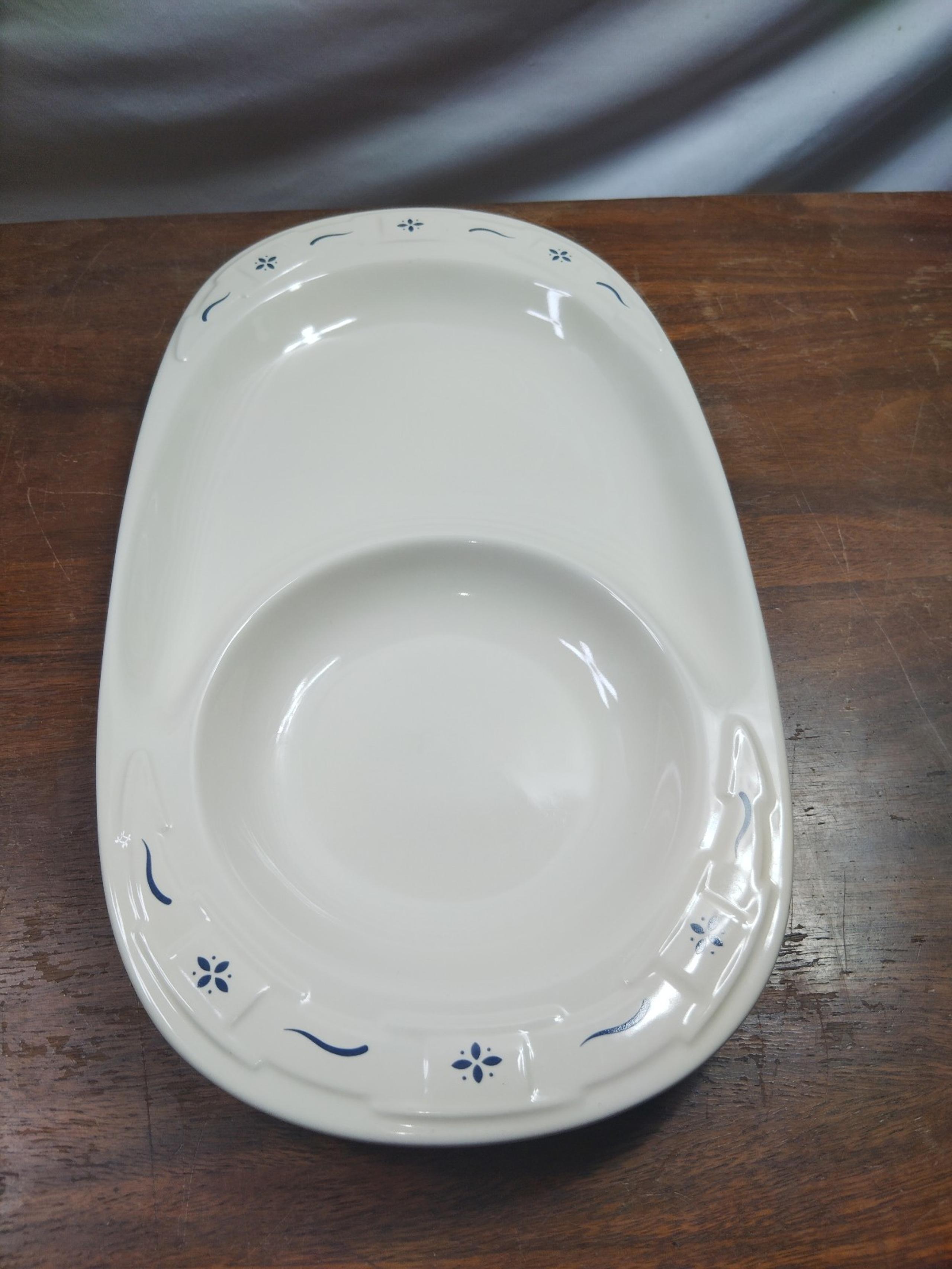 Longaberger Pottery Woven Traditions Oval Divided Snack Soup Tray Platter Blue