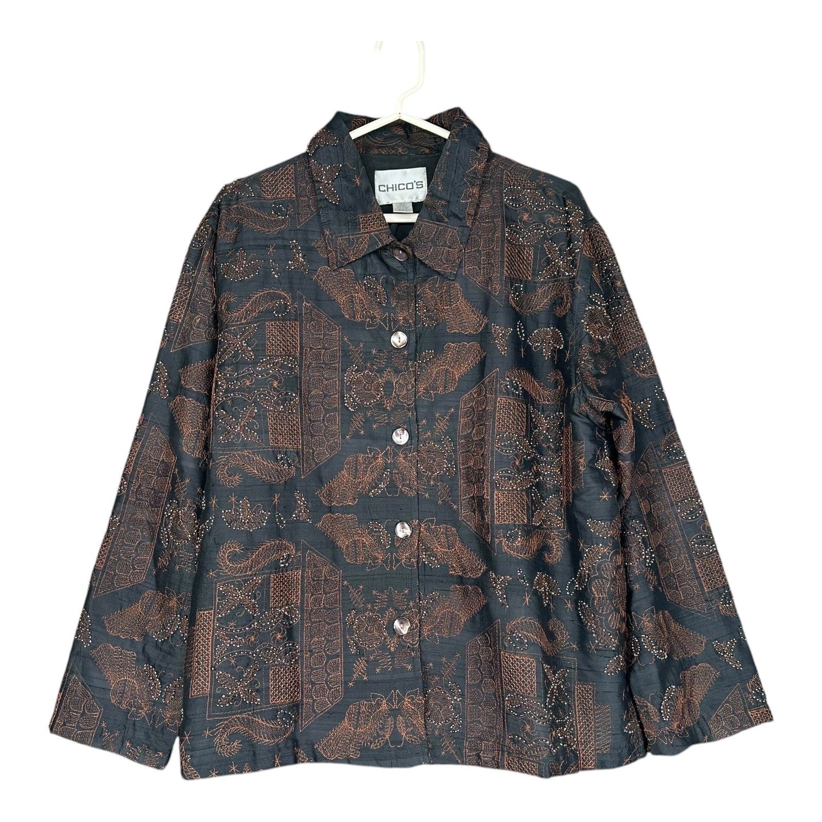 Chico's Women's 2 Brown 100% Silk Embroidered Button Shirt Mature Artsy