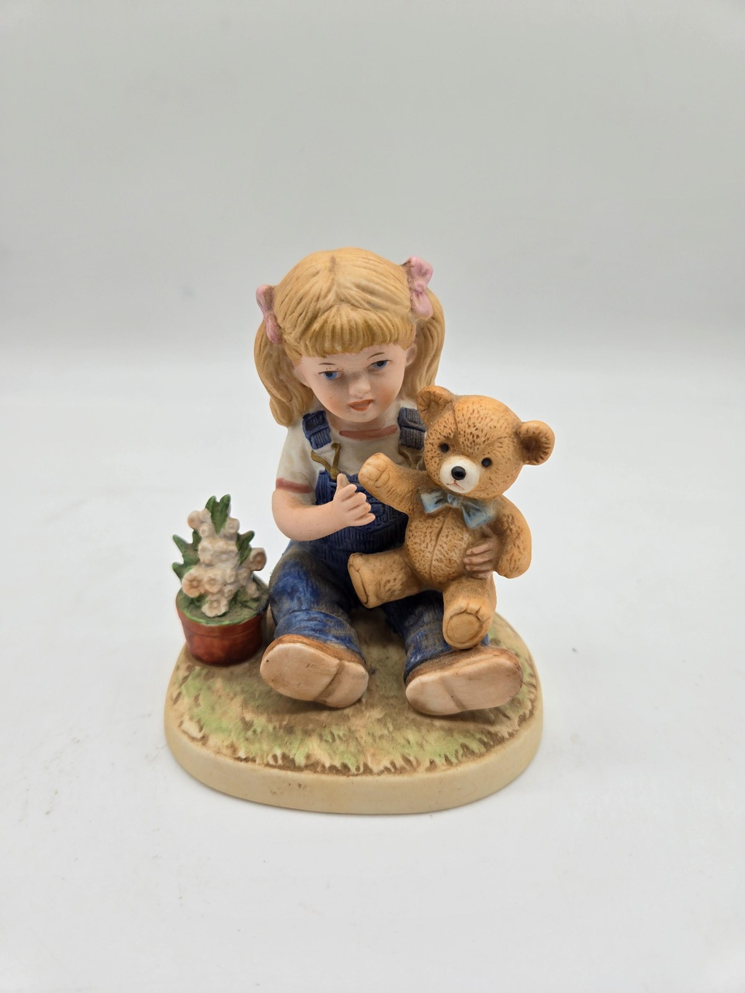 Home Interiors & Gifts Denim Days Girl With Teddy Bear Porcelain Figurine