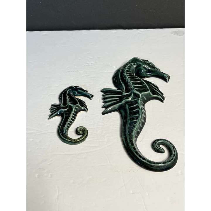 Vintage 1970's Bermuda Pottery Blue Seahorse Ceramic Wall Art 10 and 5
