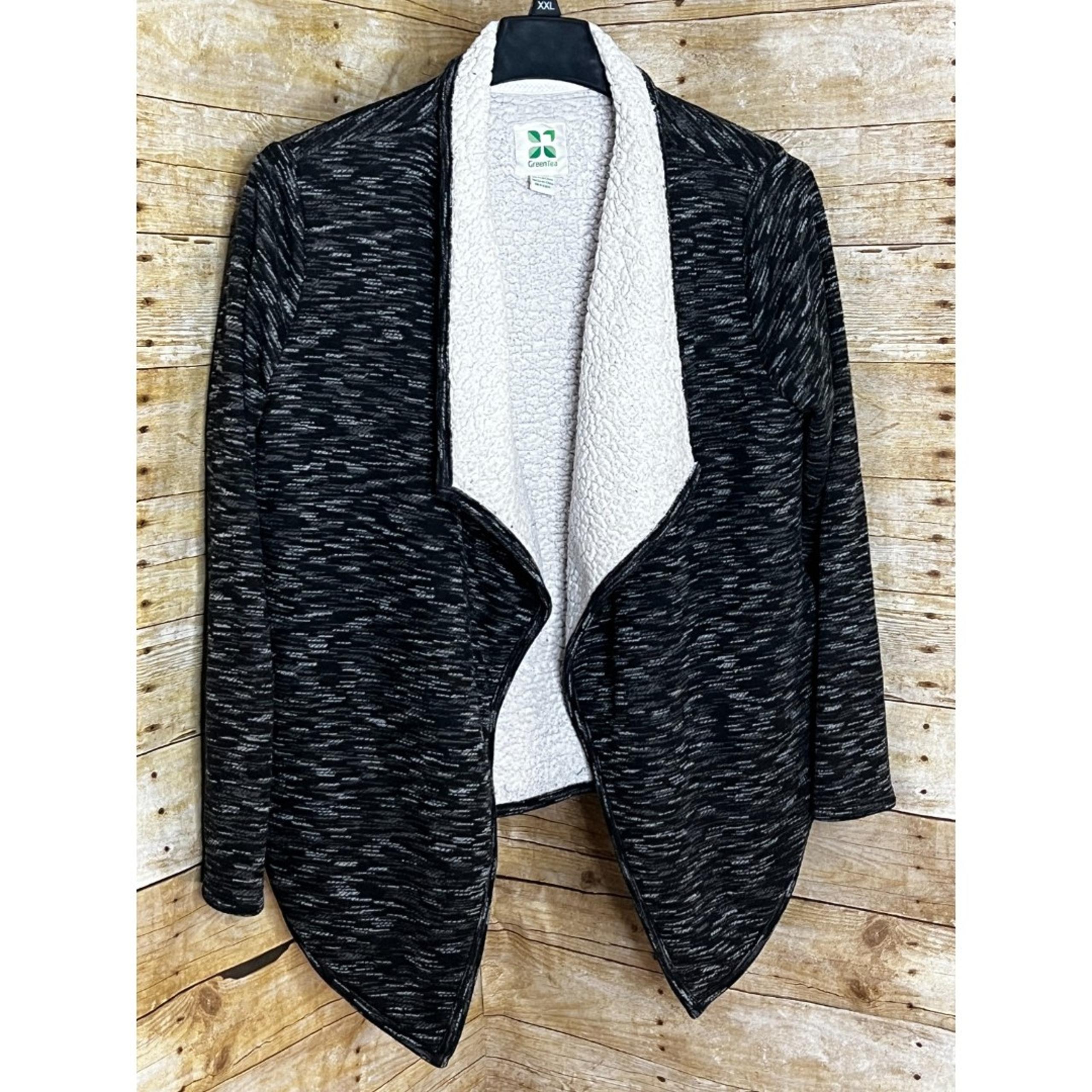 GREEN TEA WARM COZY LINED HEATHER BLACK OPEN FRONT WATERFALL COATIGAN SIZE XL
