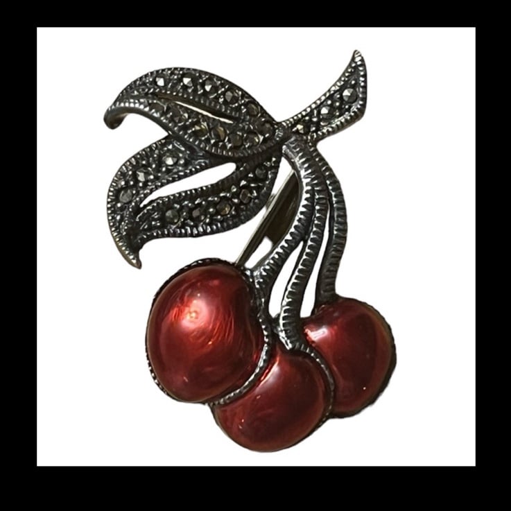 Judith Jack Vintage Marcasite & Enamel Sterling Silver Red Cherry Pin Brooch