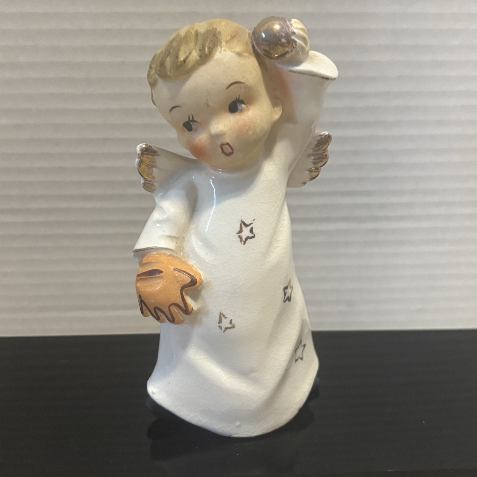 Vtg Ceramic Angel Cherub 5.5 Figurine Play Ball! White Gold Accents and Stars