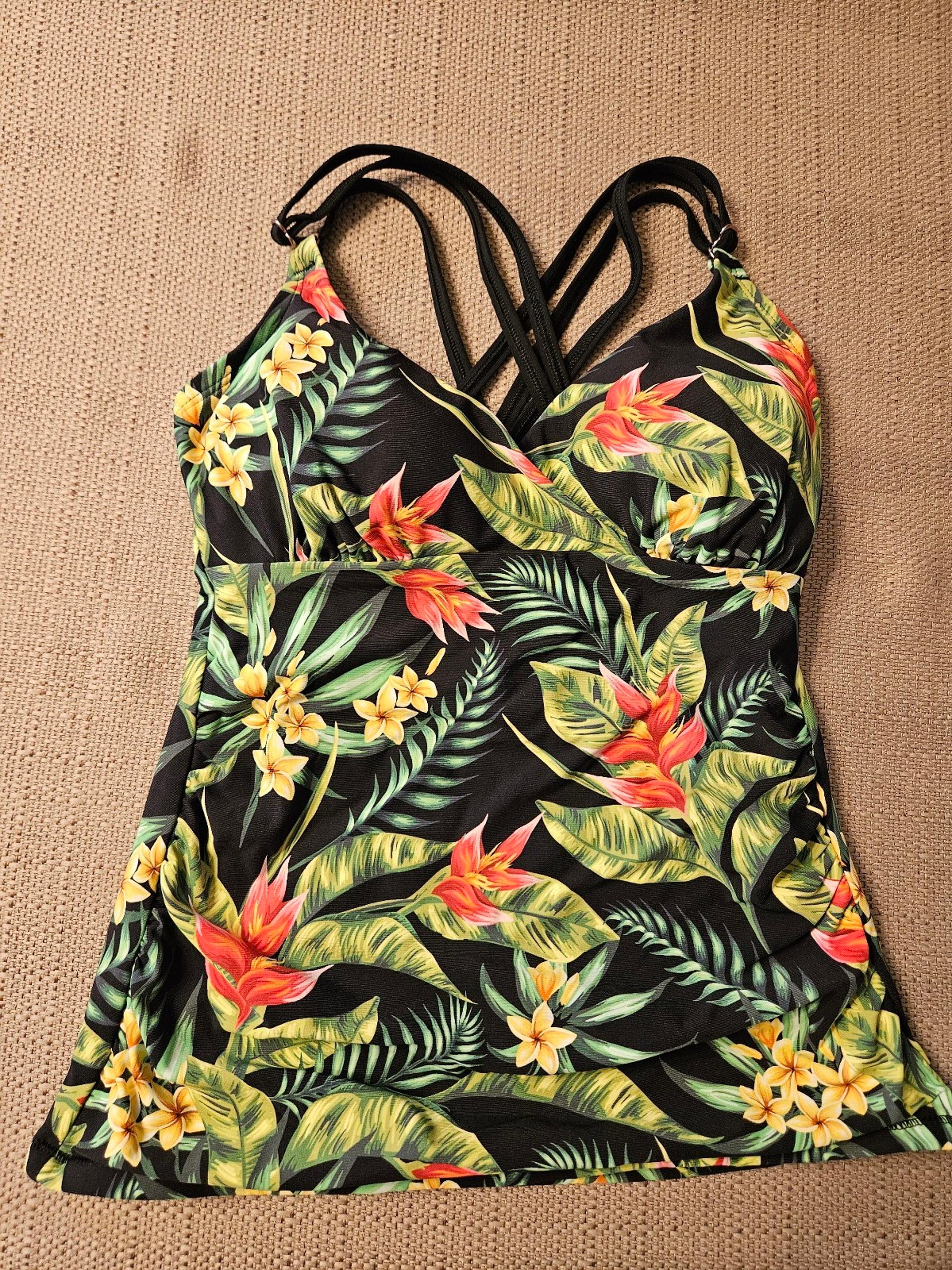 Calia Black Green Tropical Paradise Palms Ruched Tankini Swim Top sz XS
