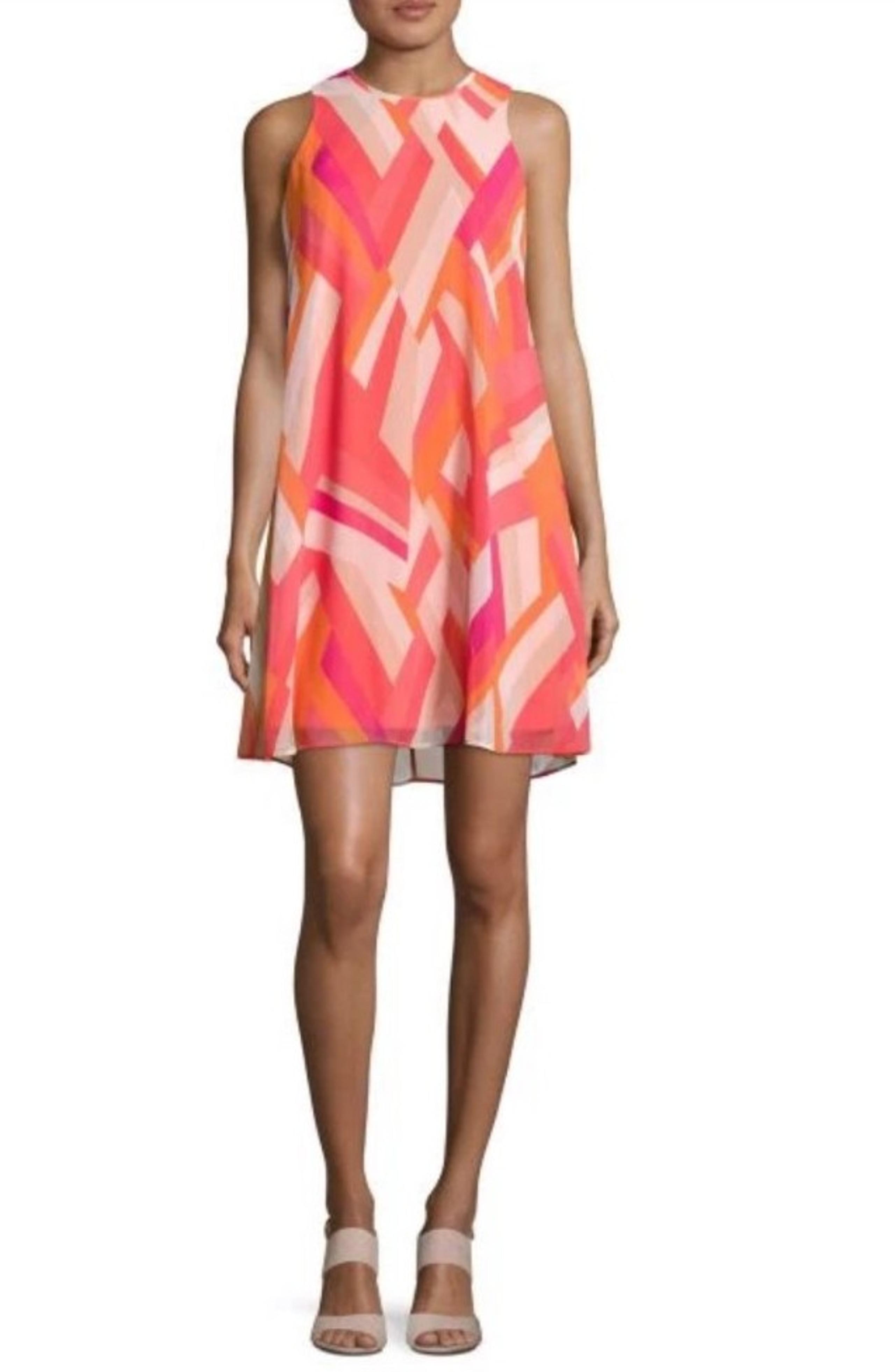 Calvin Klein Womens Sleeveless Dress Pink Orange Chiffon Overlay Lined Size 10