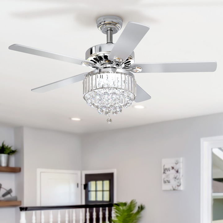 52 Inch Ceiling Fan with Light & Remote Bedroom Modern Crystal Fan Light Chrome