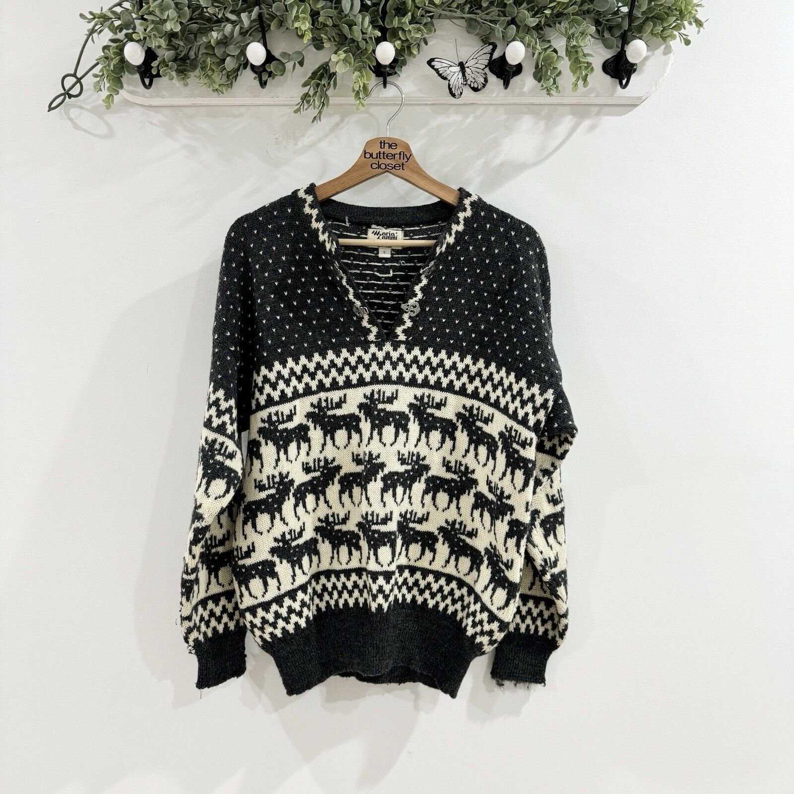 Vintage Maria Lammi Finland Moose Fair Isle Handmade Sweater Small