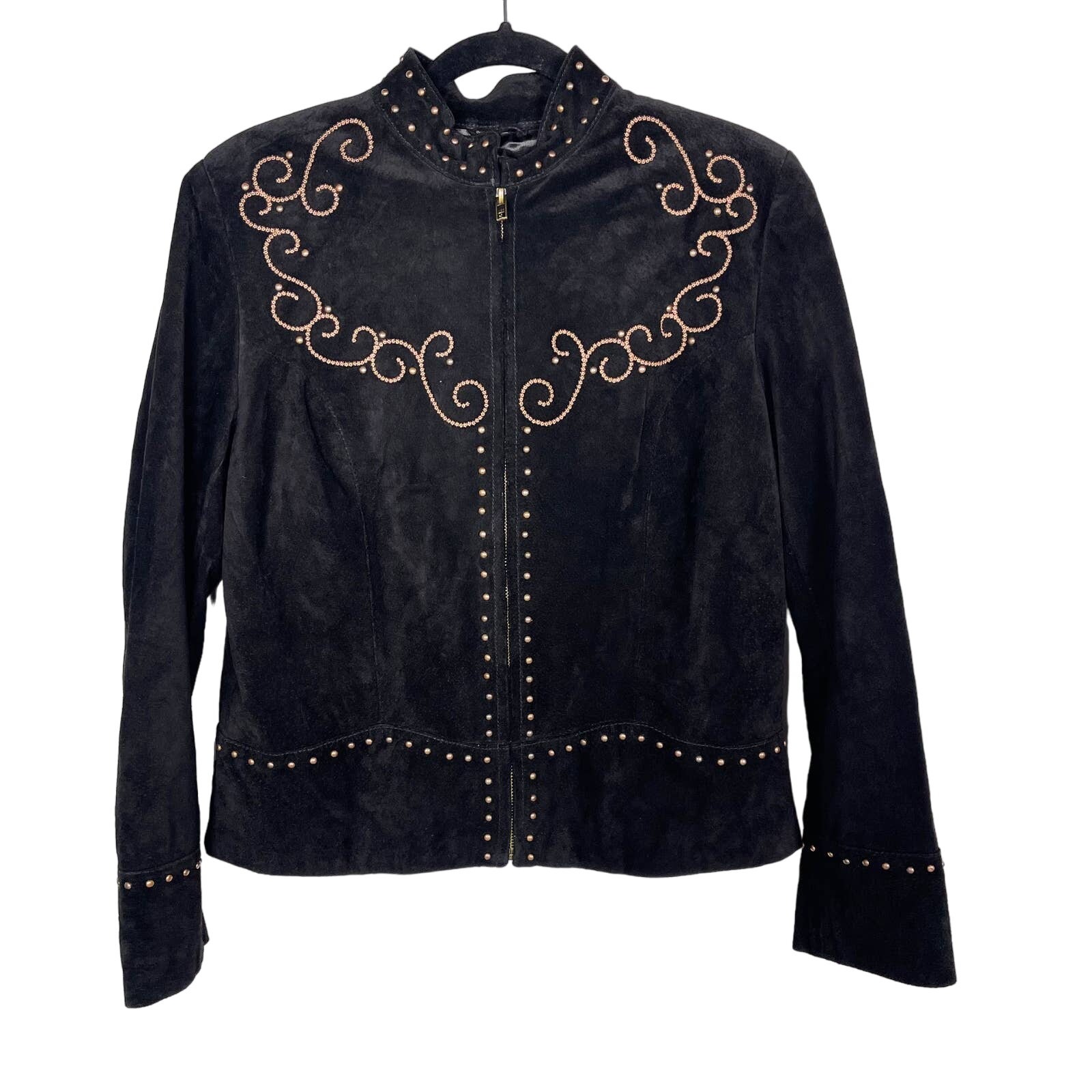 Scully Womens M Black Bronze Studded Cross Suede Leather Jacket Western Country