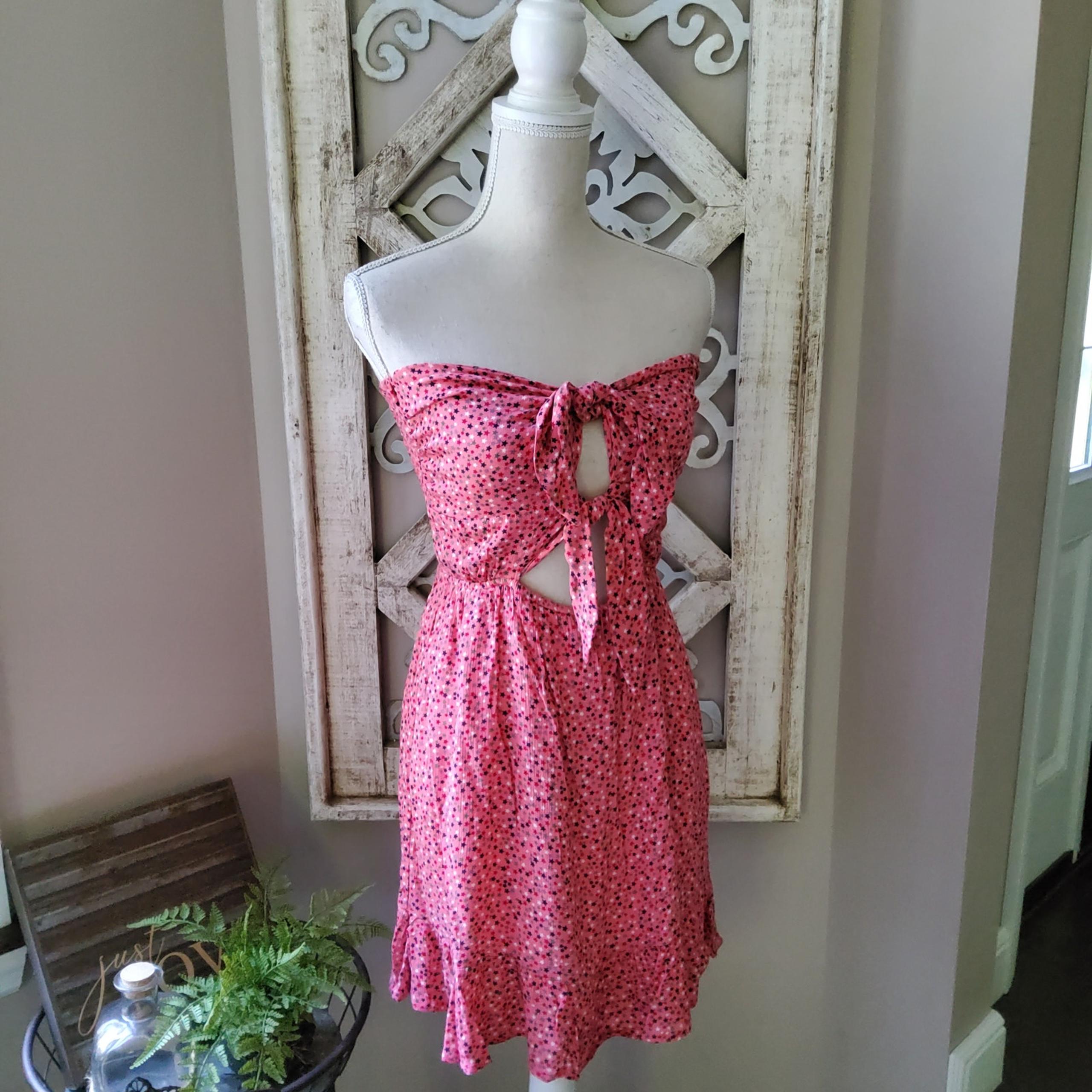 Illa Illa Strapless Cutout Tie Front Smocked Ruffle Mini Dress Pink Stars Print