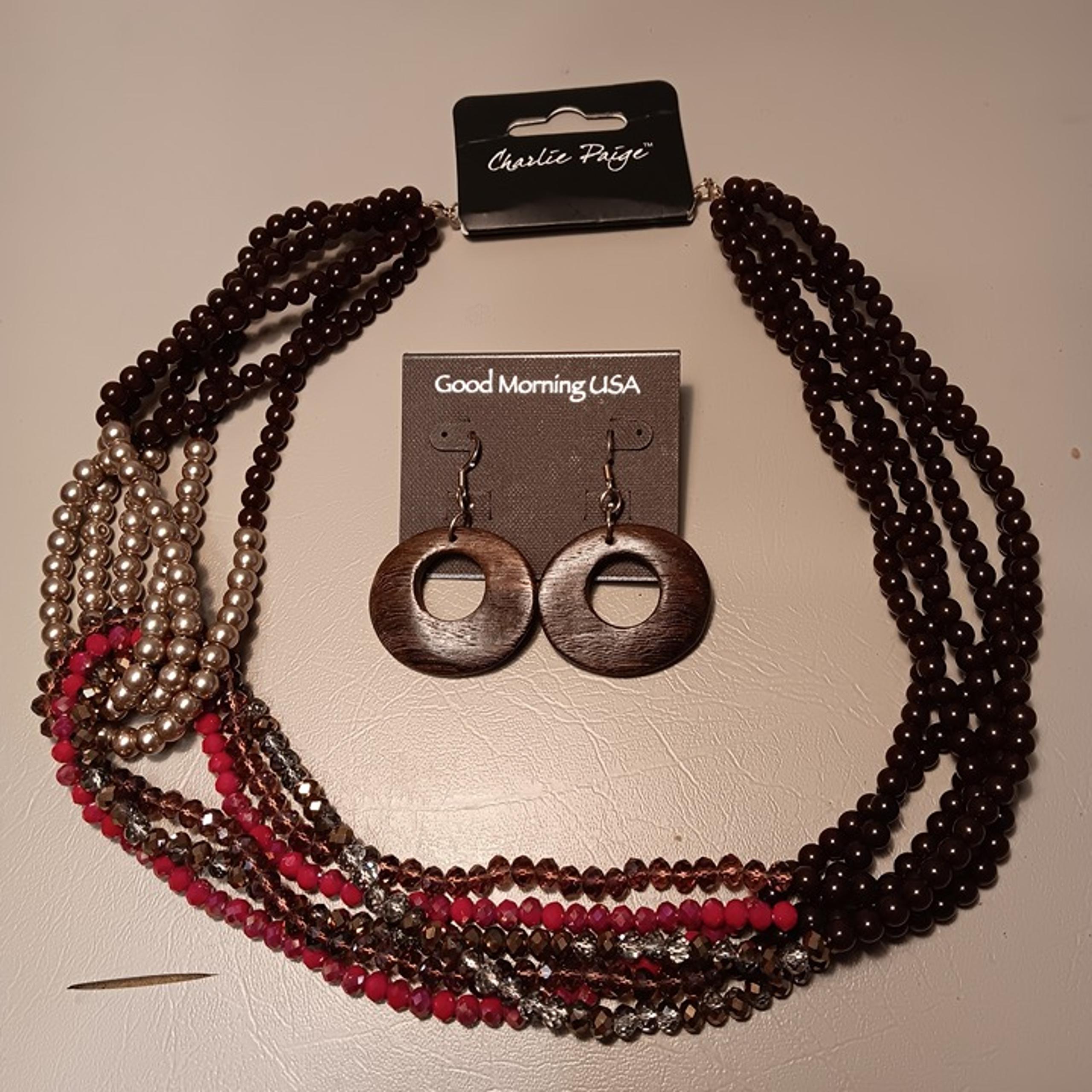 Charlie Paige asymmetric multicolor multi-strand beaded necklace w/ earrings
