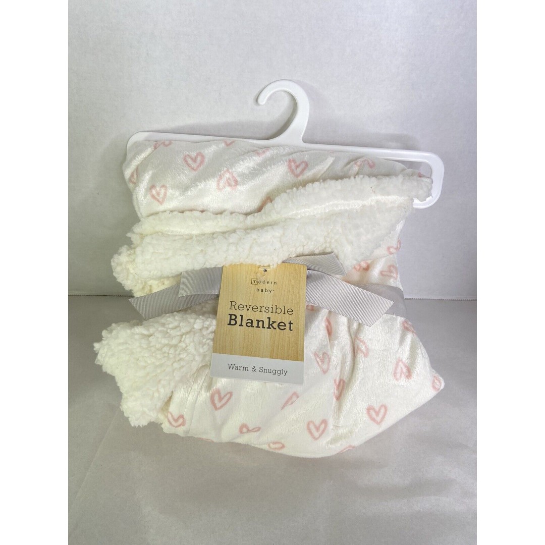 Modern Baby Reversible Blanket White Pink Hearts Plush Security Lovey NEW