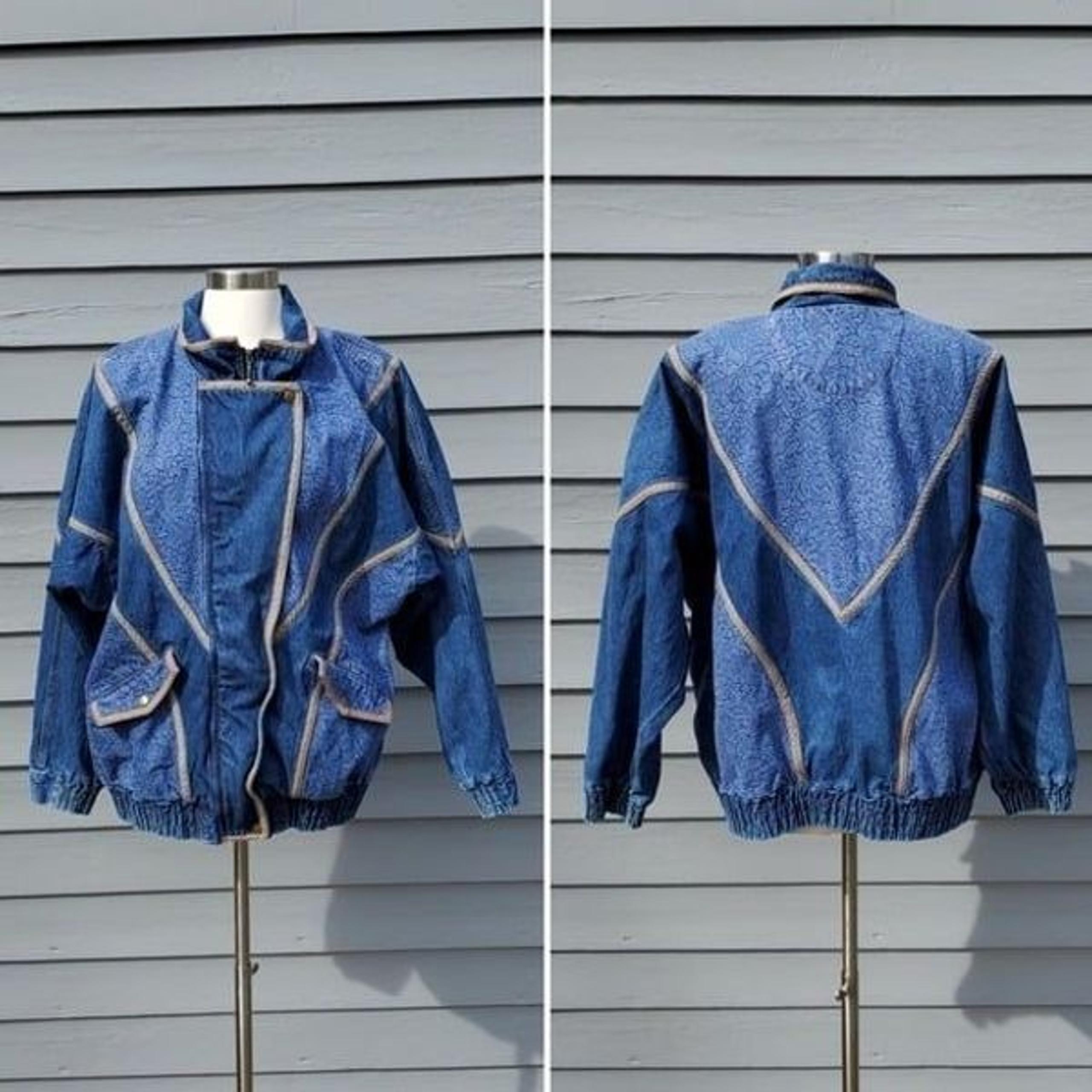 Vintage 90s y2k Blue Denim Jean Floral Bomber Jacket Coat Unisex Large