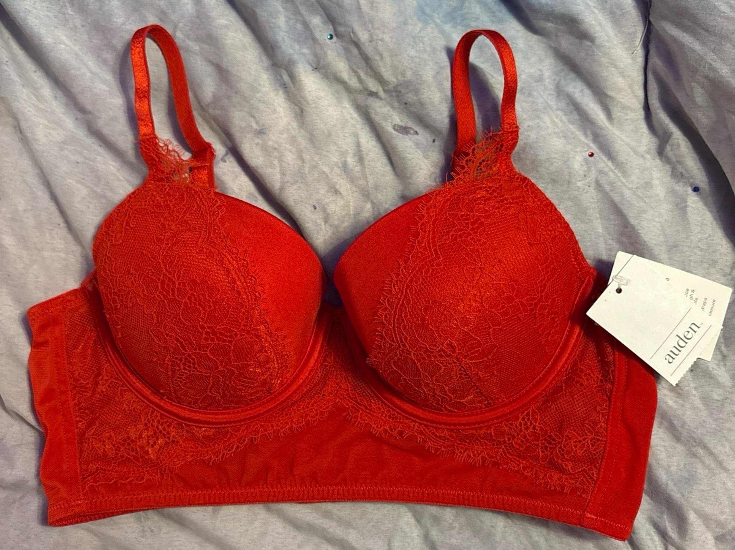 NEW Red Lace Lightly Lined Demi Coverage Long Line Bra, 34B - Auden