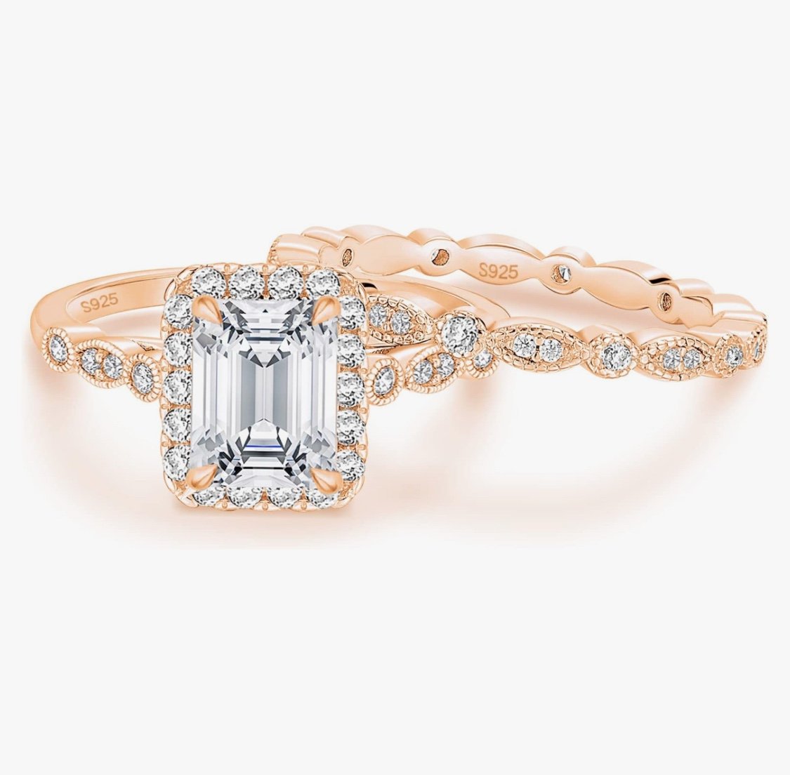 NWT-2CT Rose,White, Yellow Gold Emerald Cut .925 Sterling Silver Wedding Set