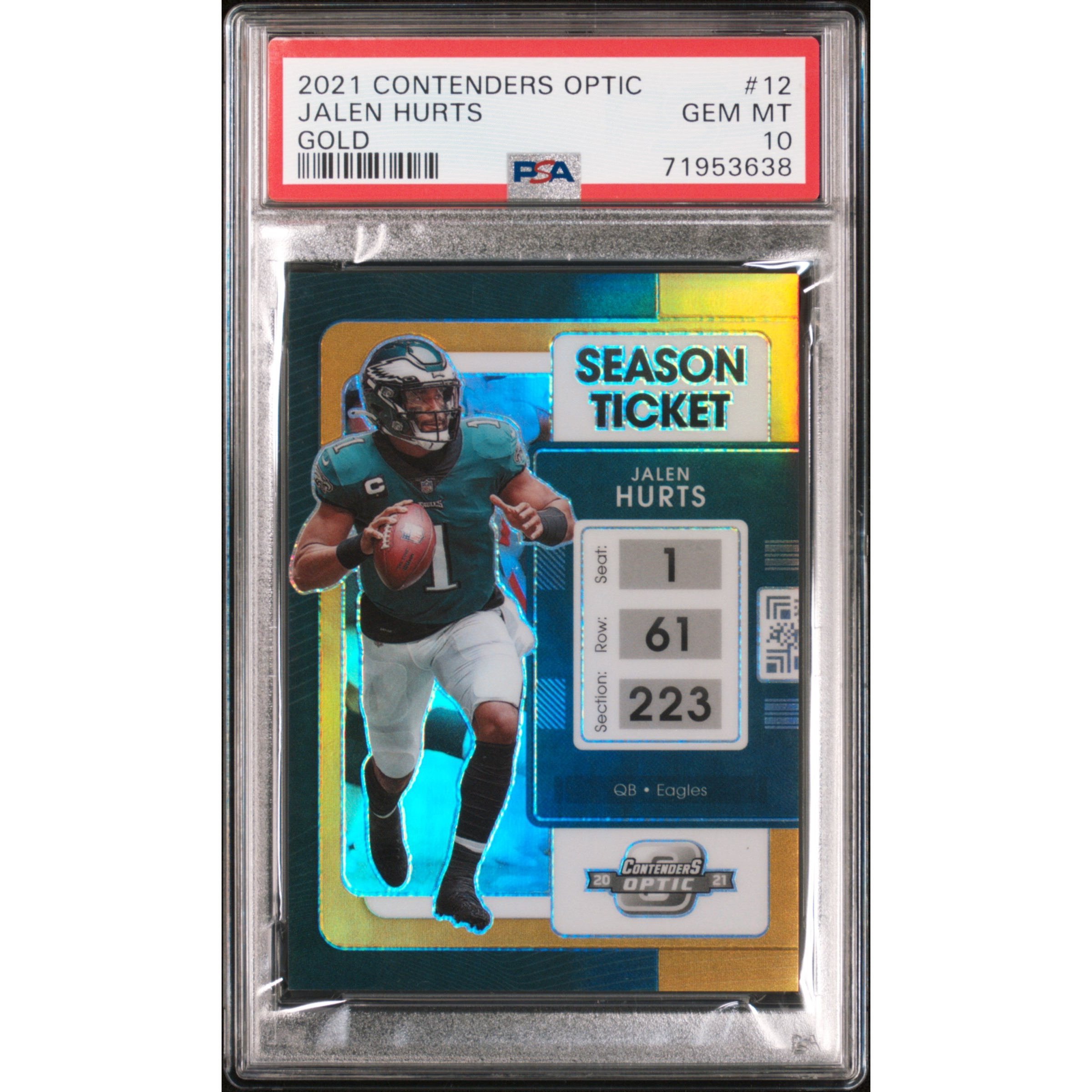 2021 Contenders Optic GOLD SEASON TICKET #12 JALEN HURTS /10 PSA 10 GEM MINT PO