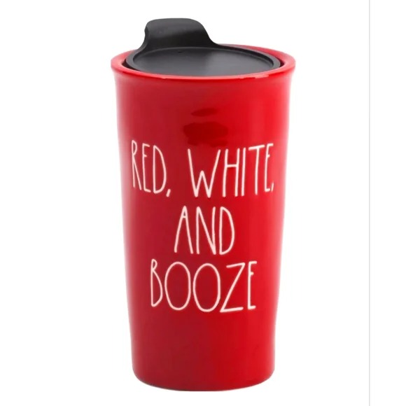 Rae Dunn Red White and Booze Travel Mug NIB Fun Patriotic